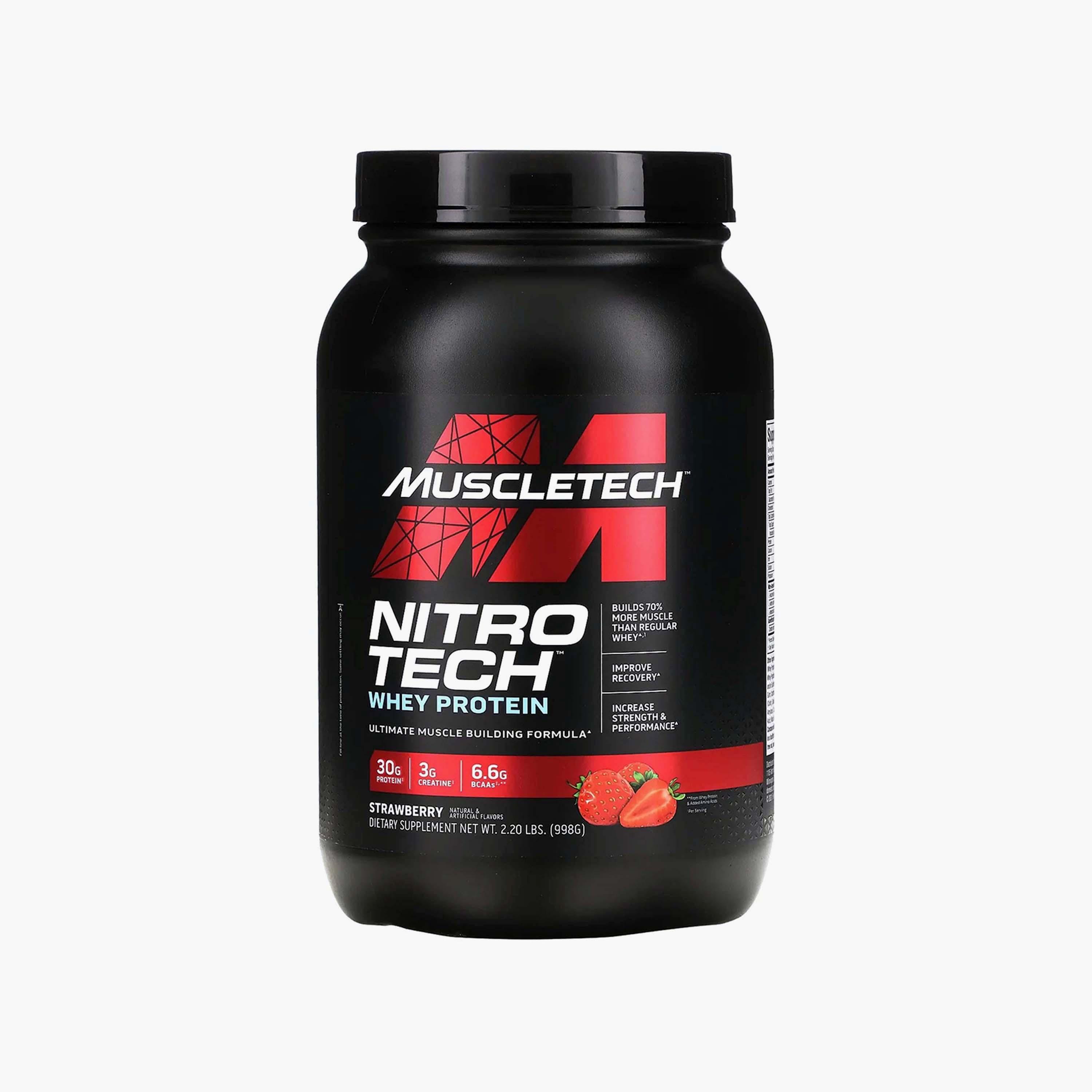 بروتين مصل الحليب نيترو تك، 2 رطل (0.9 كجم)، فراولة، من ماسل تك-sports-nutrition-proteins-image-1