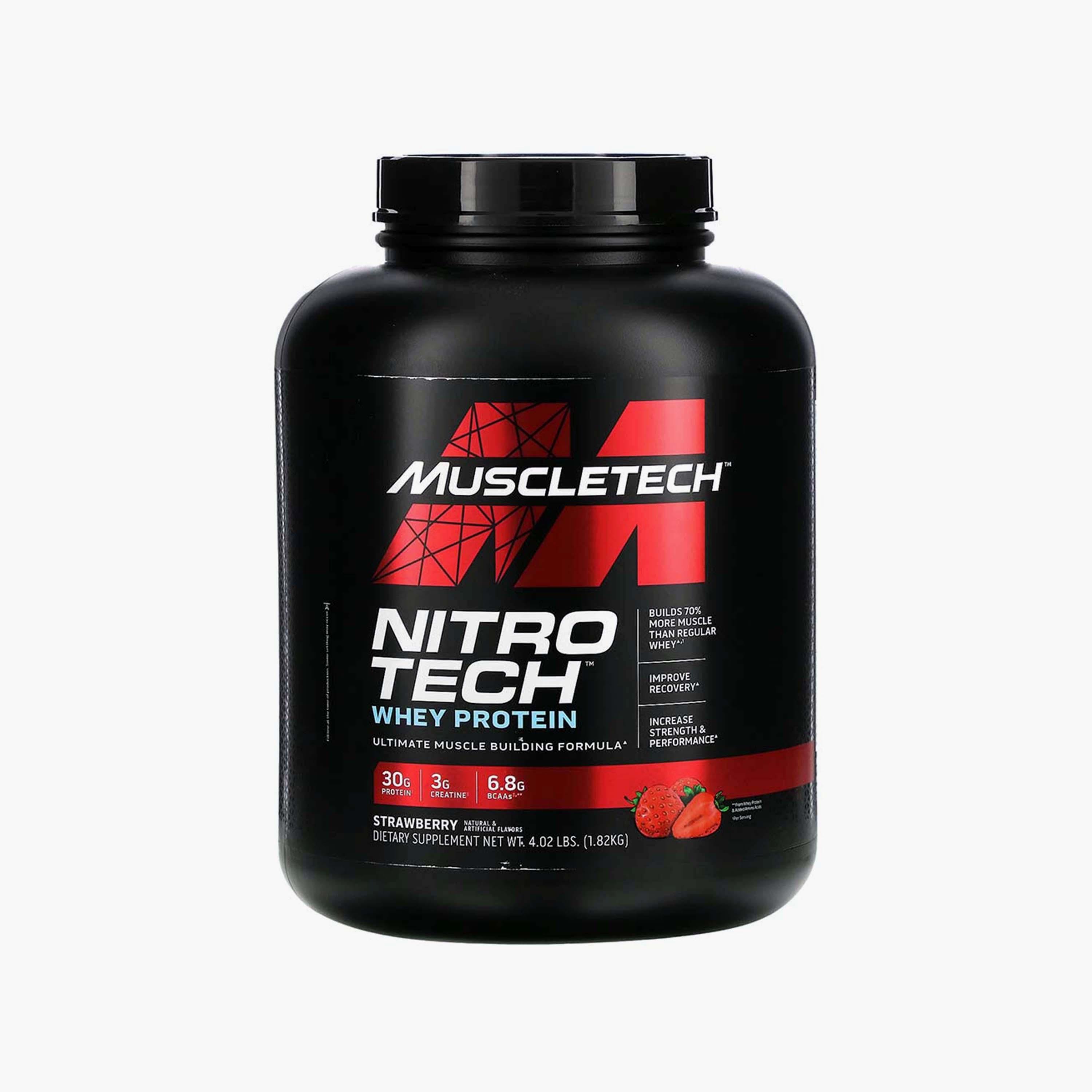 بروتين مصل الحليب نيترو تك، 4 رطل (1.8 كجم)، فراولة، من ماسل تك-sports-nutrition-proteins-image-1