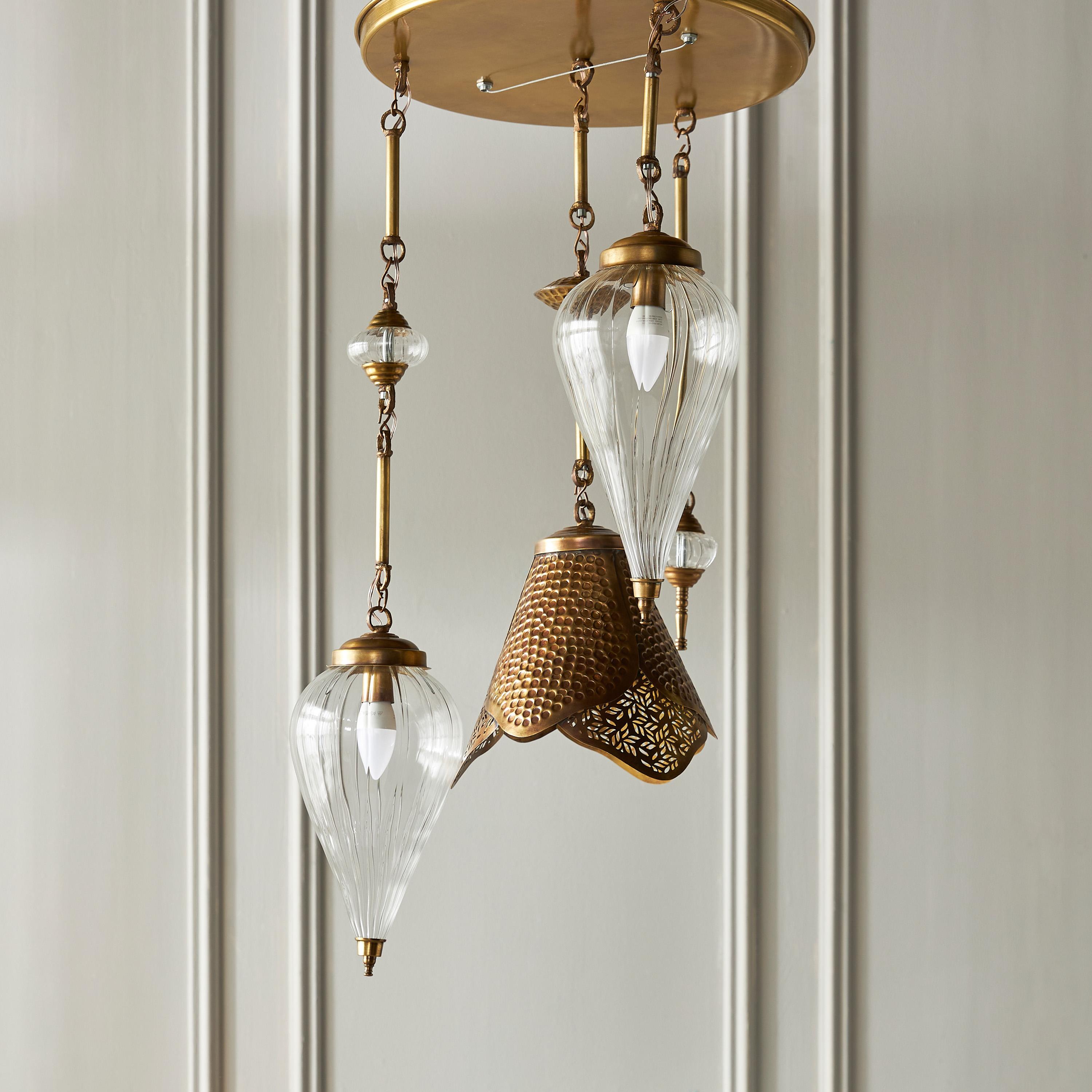 Handmade Lotus Shaped 2-Light Pyrex Glass and Brass Chandelier