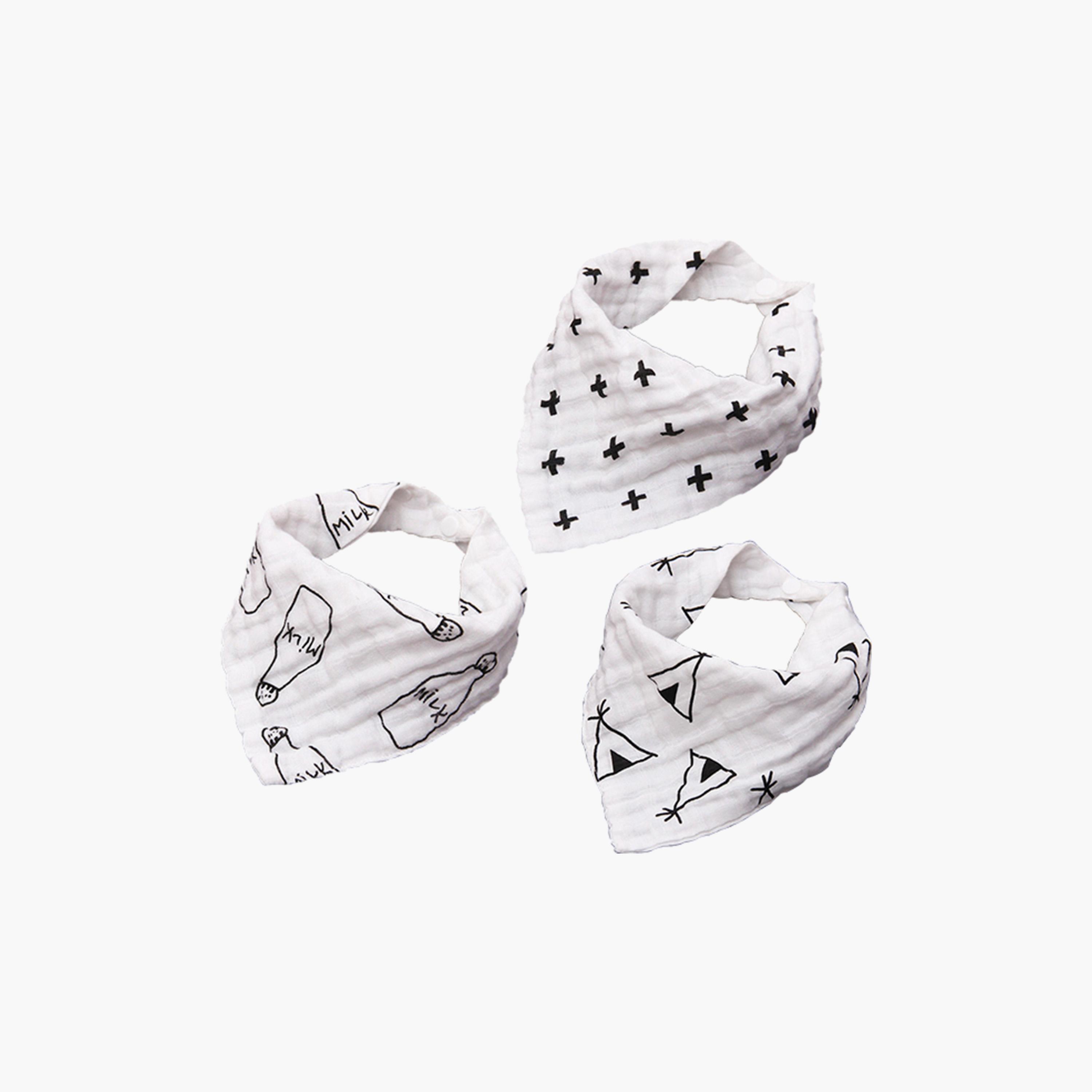 Muslin Bandana Bibs - Set Of 3 - Black & White-baby-feeding-bibs-image-1