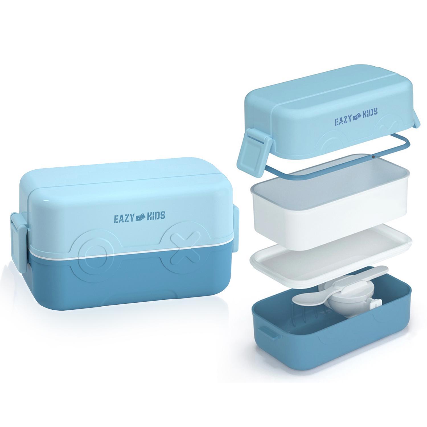 Eazy Kids Double Decker Tic-Tac-Toe Bento Lunch Box with Splitter Sauce Box and Spoon -Blue-school-lunchessentials-lunchboxes-image-1