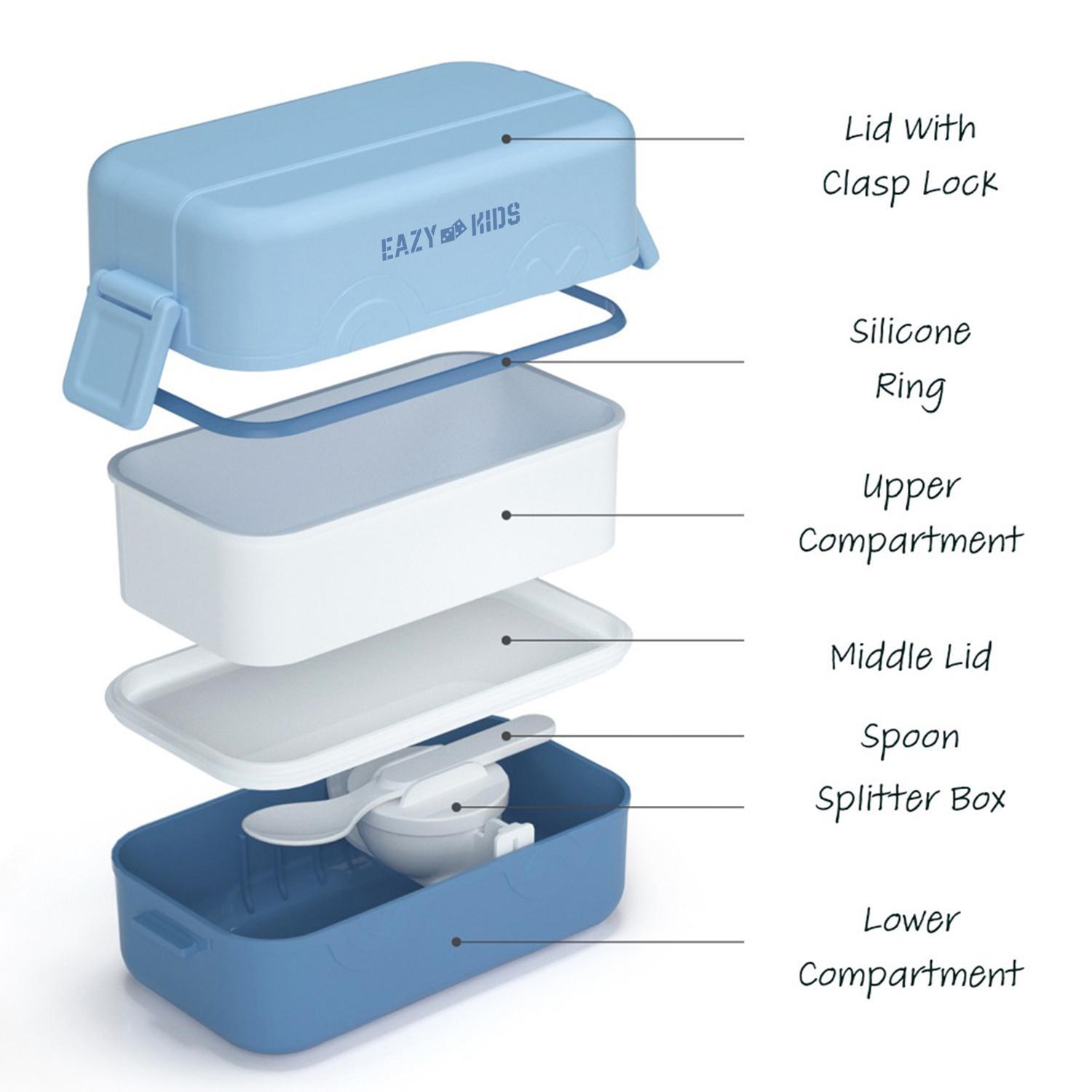 Eazy Kids Double Decker Tic-Tac-Toe Bento Lunch Box with Splitter Sauce Box and Spoon -Blue-school-lunchessentials-lunchboxes-image-2