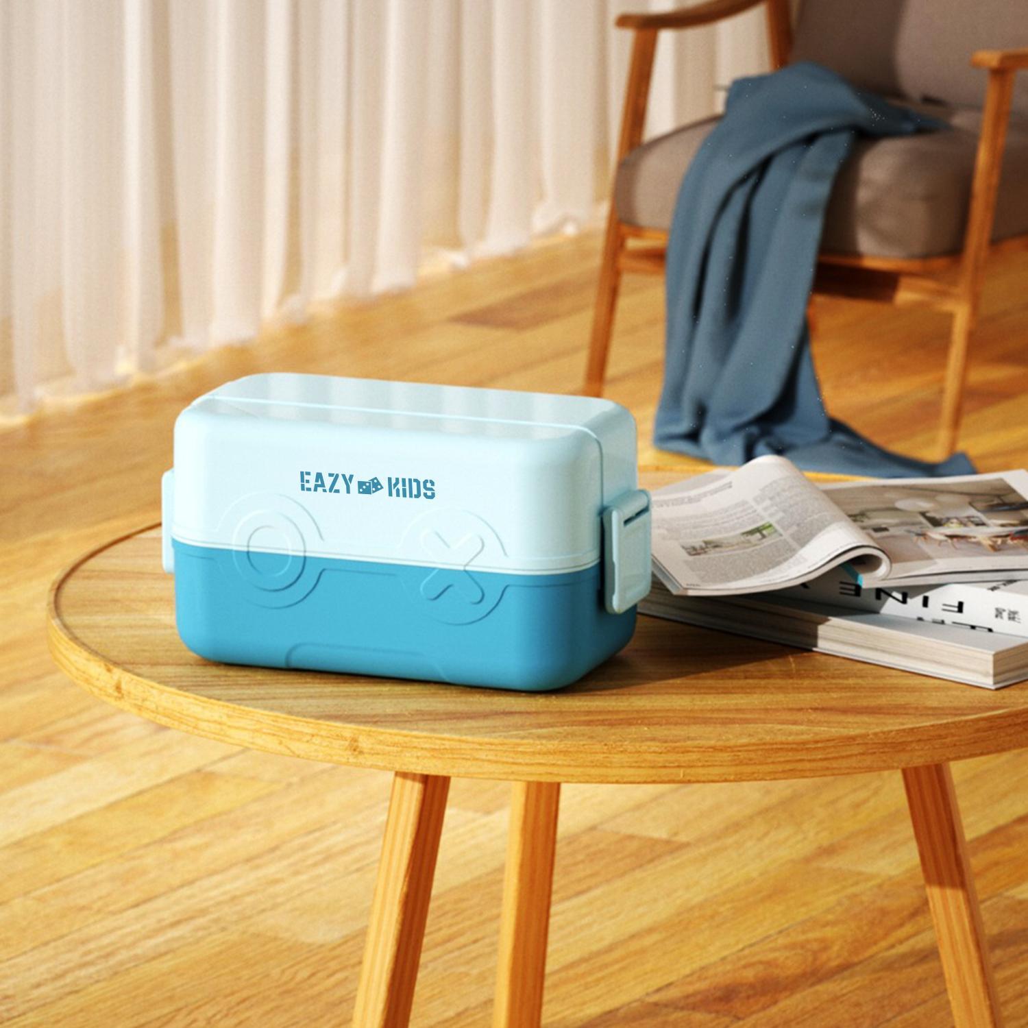Eazy Kids Double Decker Tic-Tac-Toe Bento Lunch Box with Splitter Sauce Box and Spoon -Blue-school-lunchessentials-lunchboxes-image-6
