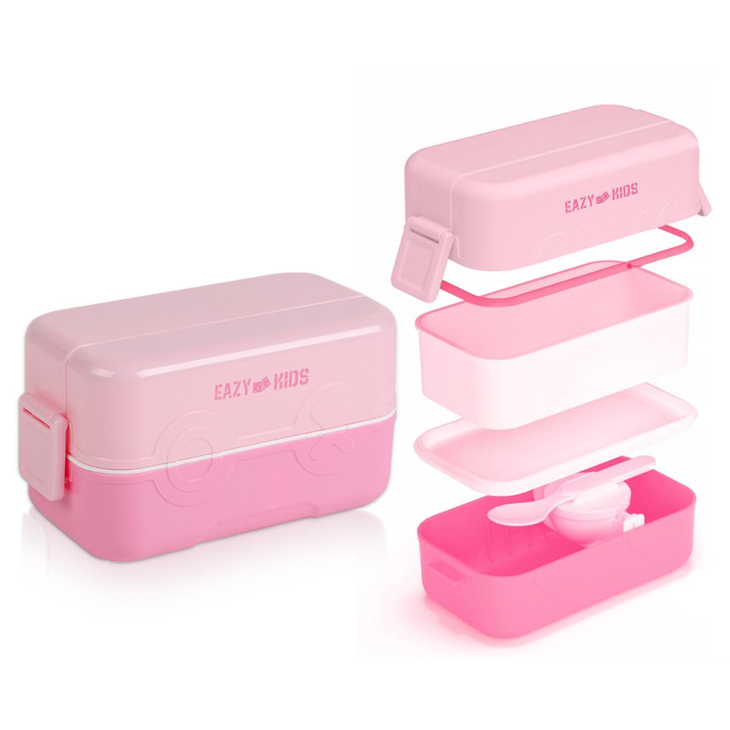 Eazy Kids Double Decker Tic-Tac-Toe Bento Lunch Box - Pink-school-lunchessentials-lunchboxes-image-1