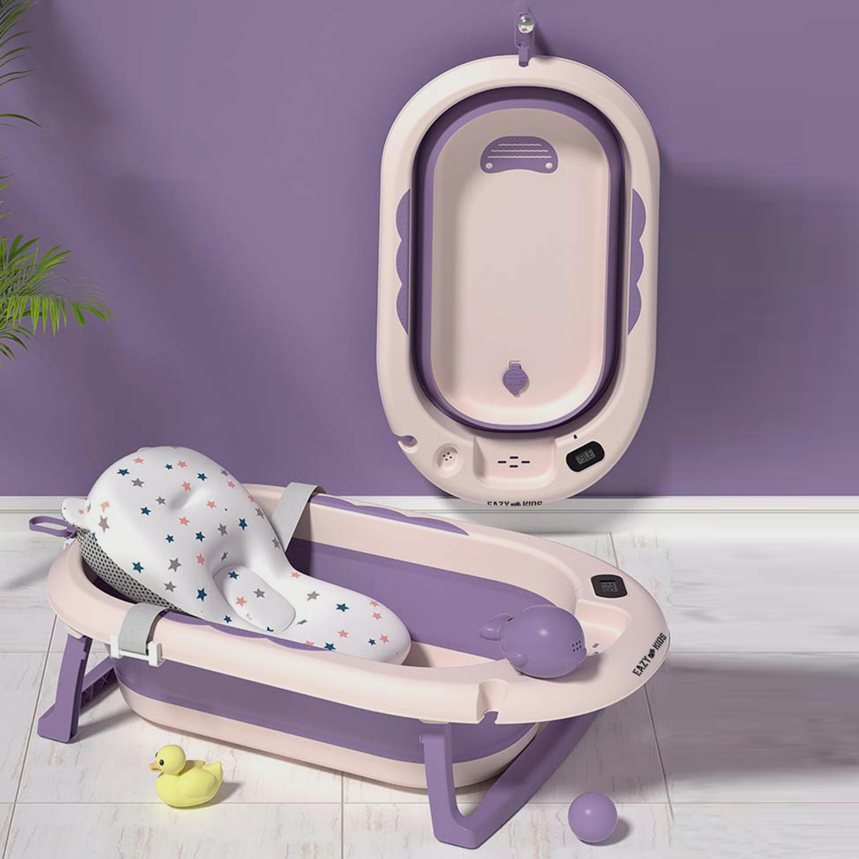 Eazy Kids Temperature Controlled Foldable Bathtub W/ Intelligent Temperature Monitoring Thermometer And Baby Head Shampoo Wash Rinse Mug - Purple-baby-bathandcare-bathtubs-image-4