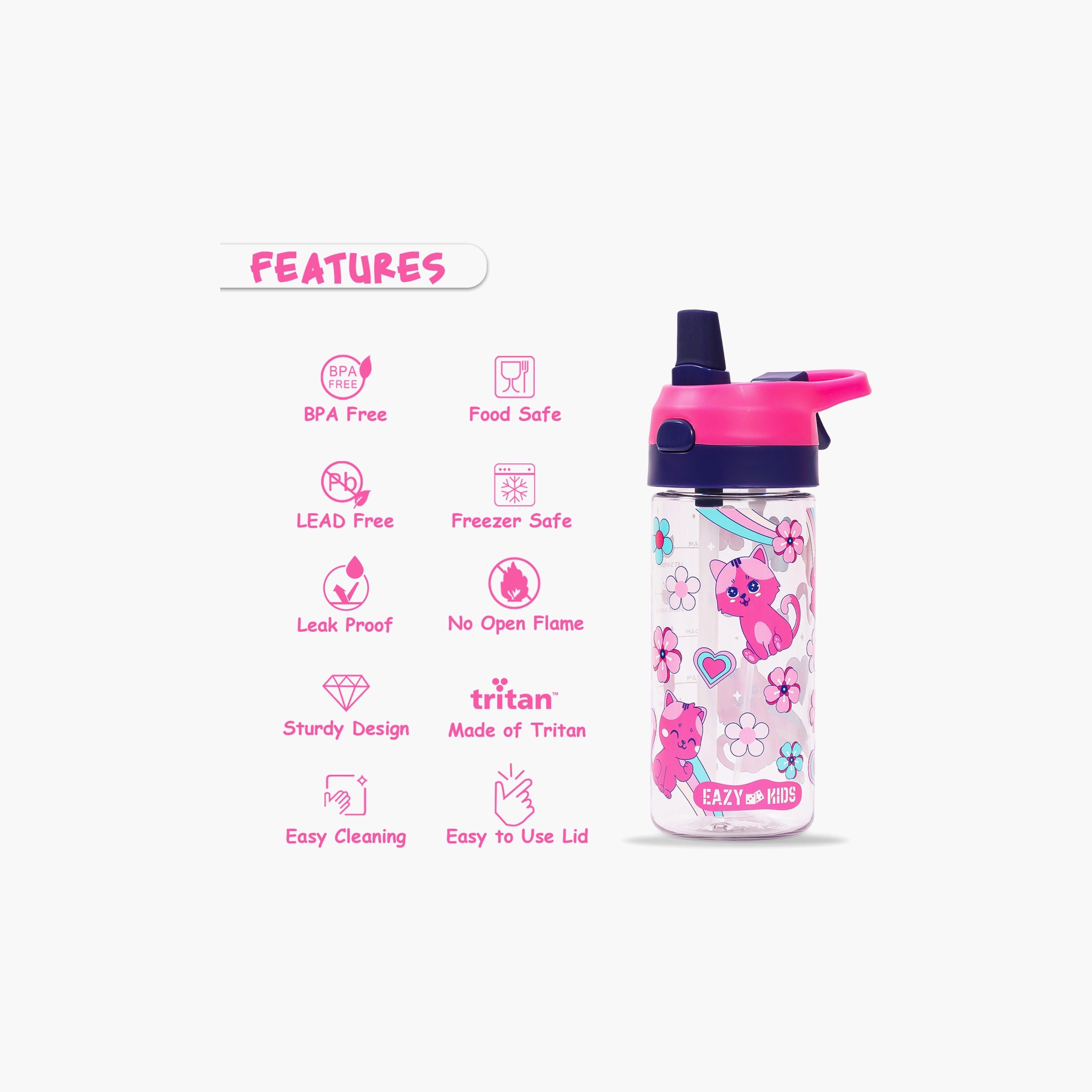 Eazy Kids Tritan Water Bottle W/ Spray, Cat - Pink, 420 ML-school-waterbottles-image-2