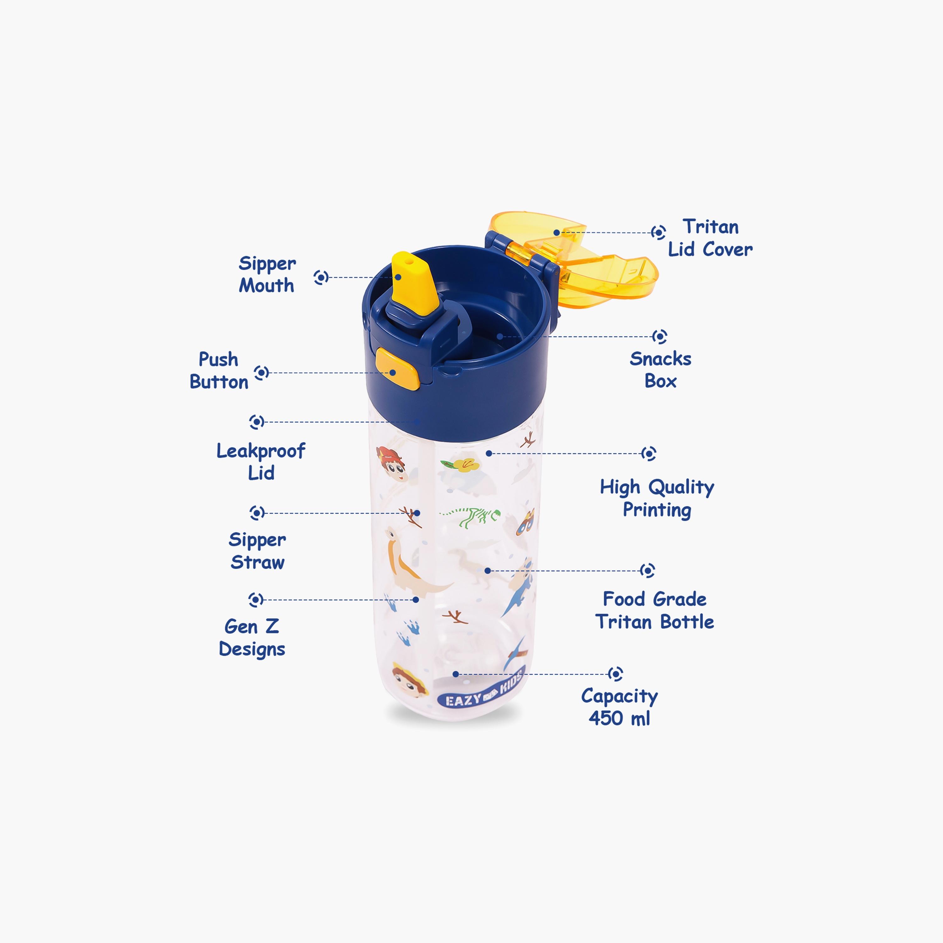 Eazy Kids Tritan Water Bottle W/ Snack Box, T-Rex- Blue, 450 ML-school-waterbottles-image-4