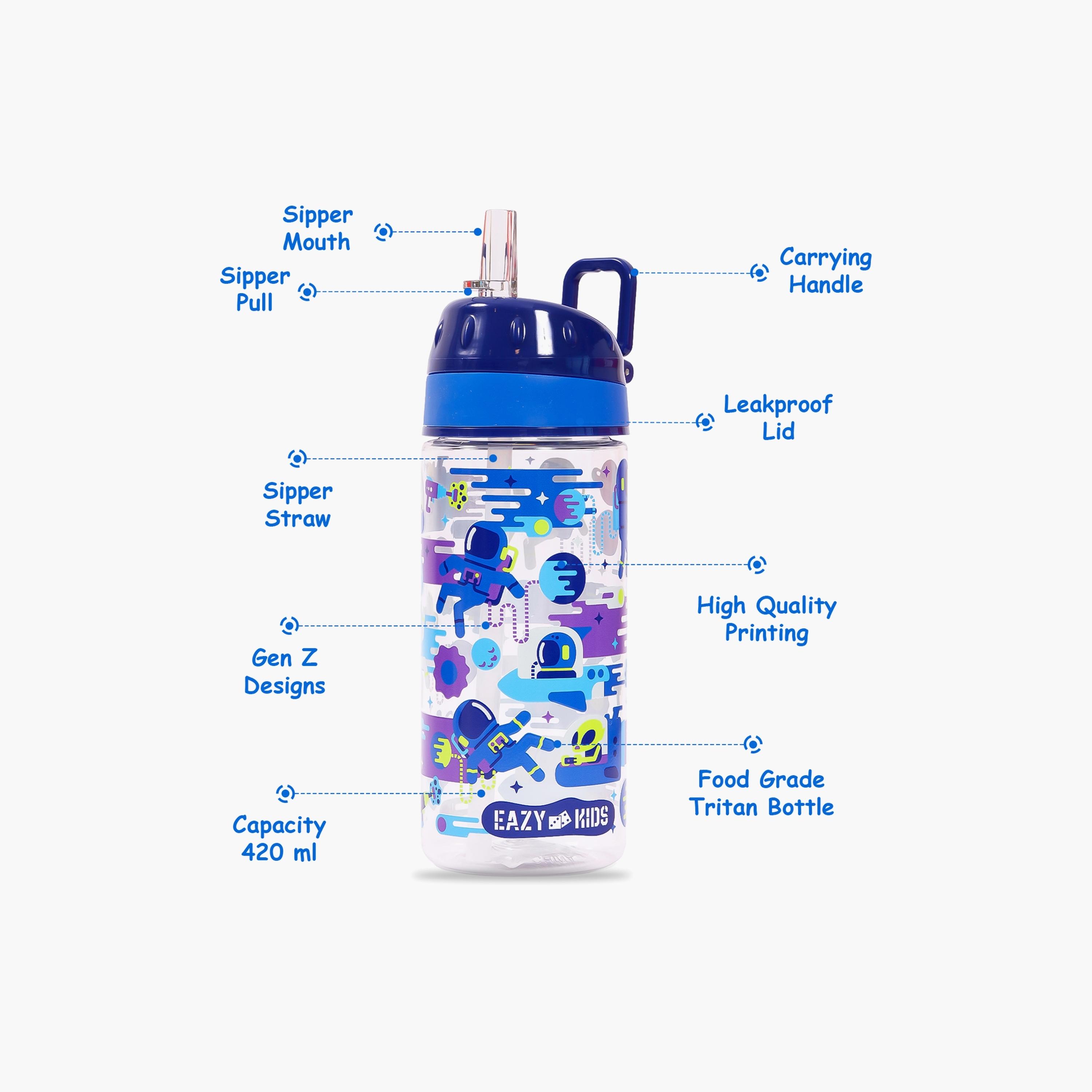 Eazy Kids Tritan Water Bottle W/ Carry Handle, Astronauts - Blue, 420 ML-school-waterbottles-image-2