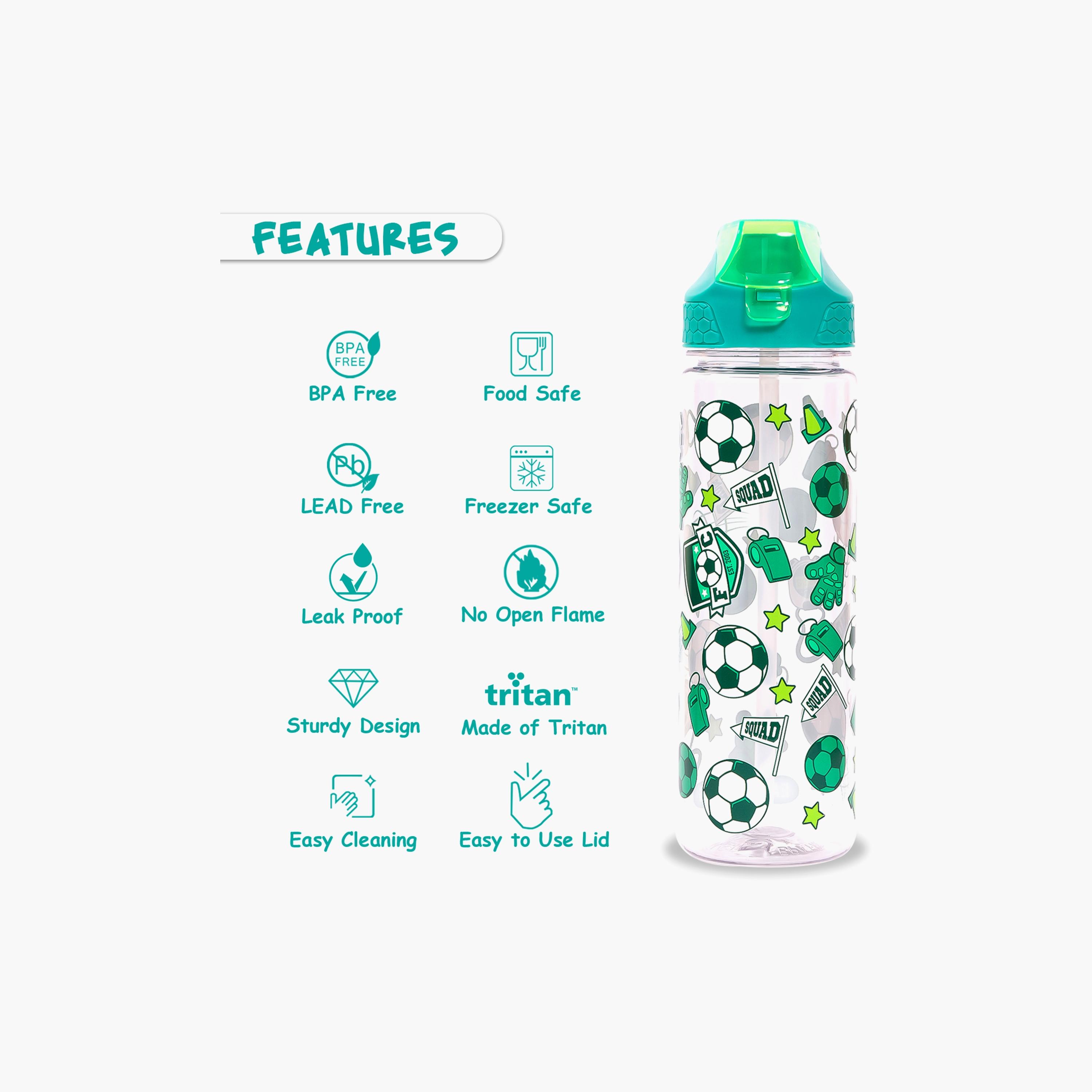 Eazy Kids Tritan Water Bottle W/ 2In1 Drinking, Flip Lid And Sipper, Soccer - Green, 650 ML-school-waterbottles-image-3