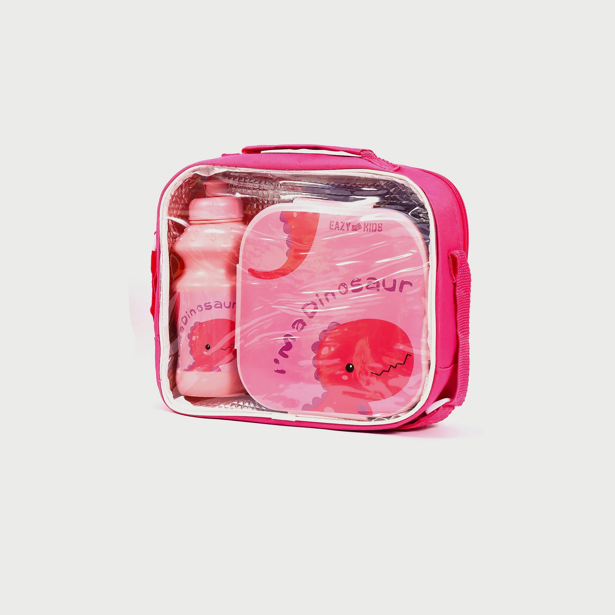 Eazy Kids Lunch Box And Water Bottle With Bag - Dino Pink-school-waterbottles-image-1