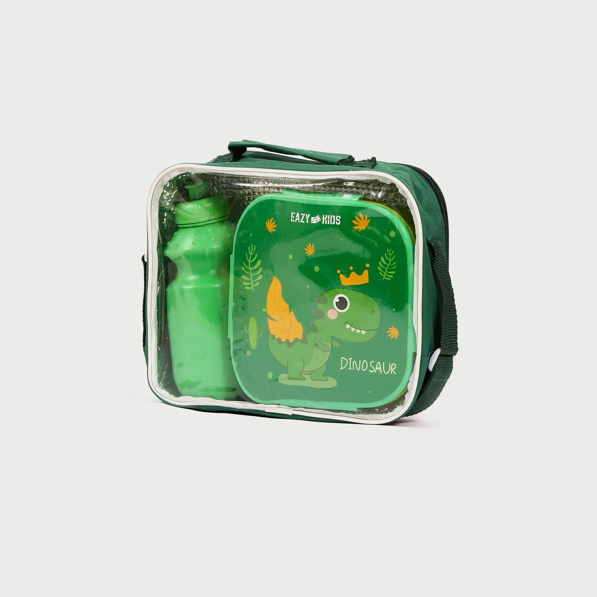 Eazy Kids Lunch Box And Water Bottle With Bag - Dino Green - 450 ml-school-waterbottles-image-1