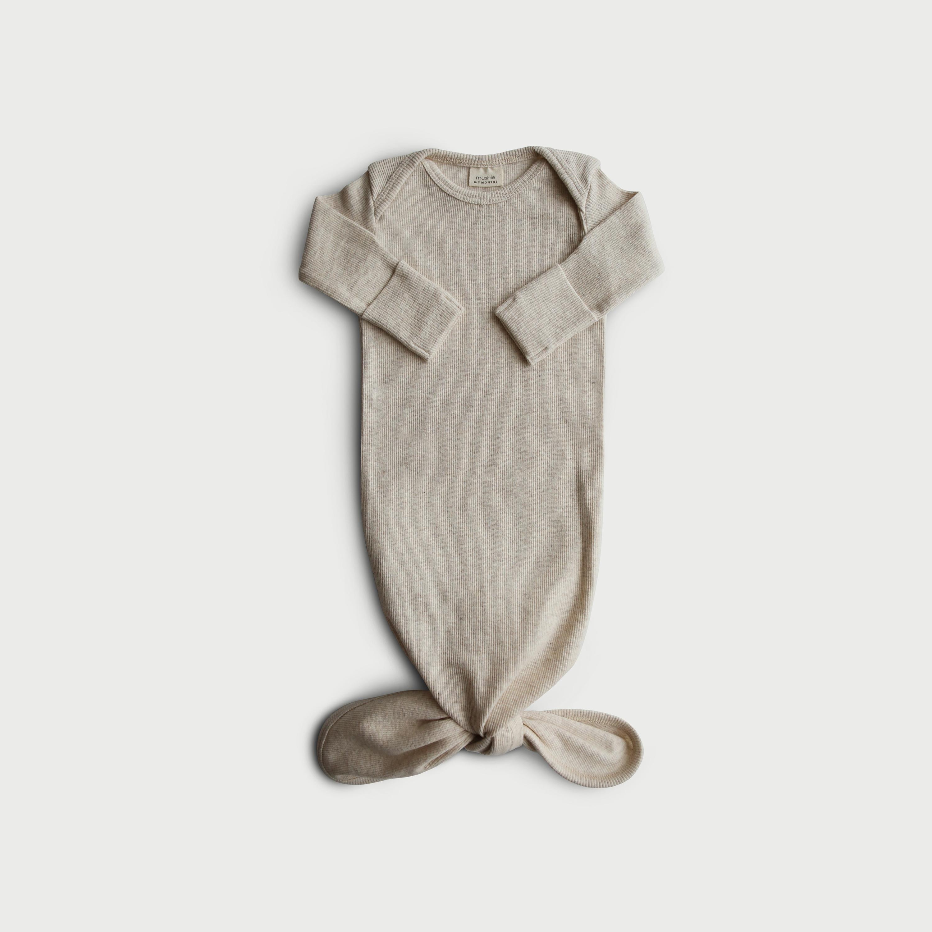 Mushie Ribbed Knotted Baby Gown Beige Melange-baby-girls-clothing-nightwear-sleepsuits-image-1
