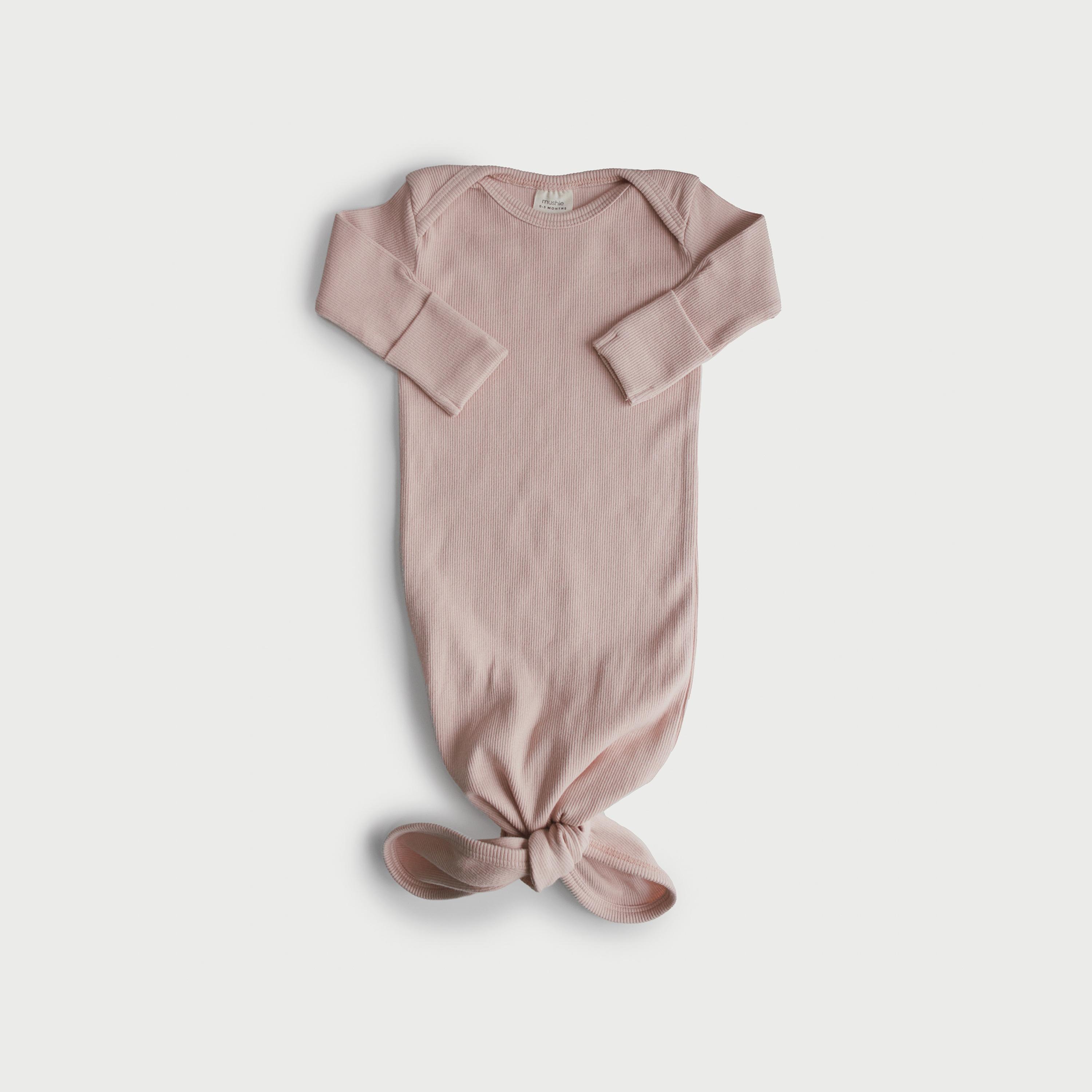 Mushie Ribbed Knotted Baby Gown Blush-baby-girls-clothing-nightwear-sleepsuits-image-1