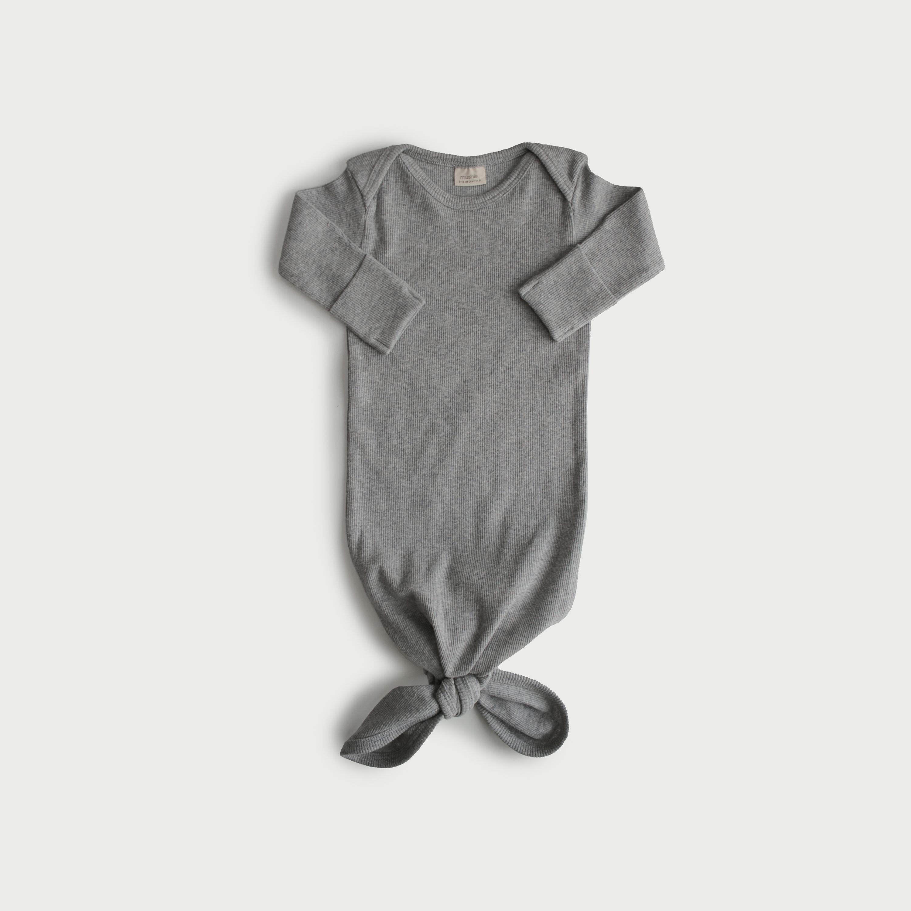 Mushie Ribbed Knotted Baby Gown Gray Melange-baby-girls-clothing-nightwear-sleepsuits-image-1