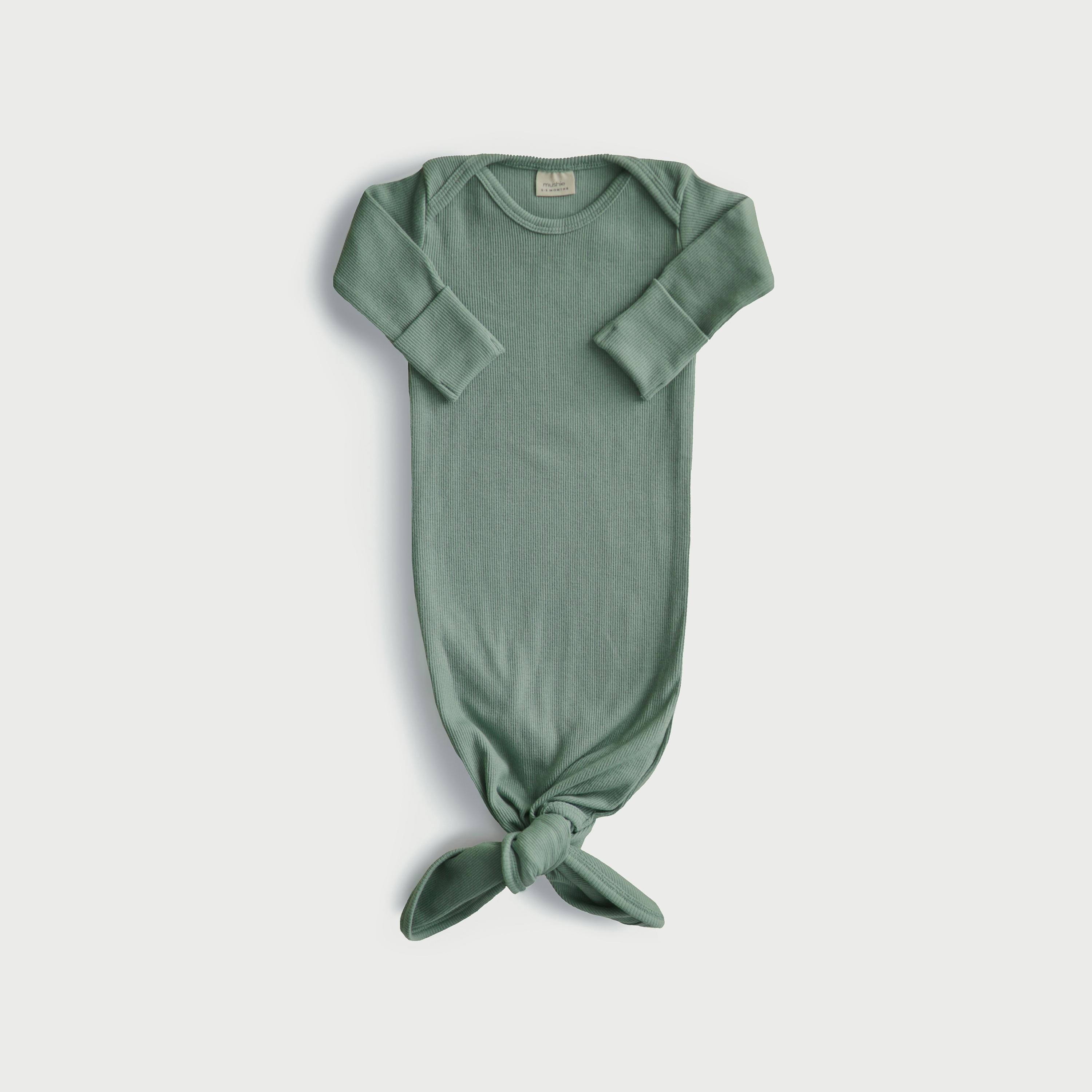 Mushie Ribbed Knotted Baby Gown Roman Green-baby-girls-clothing-nightwear-sleepsuits-image-1