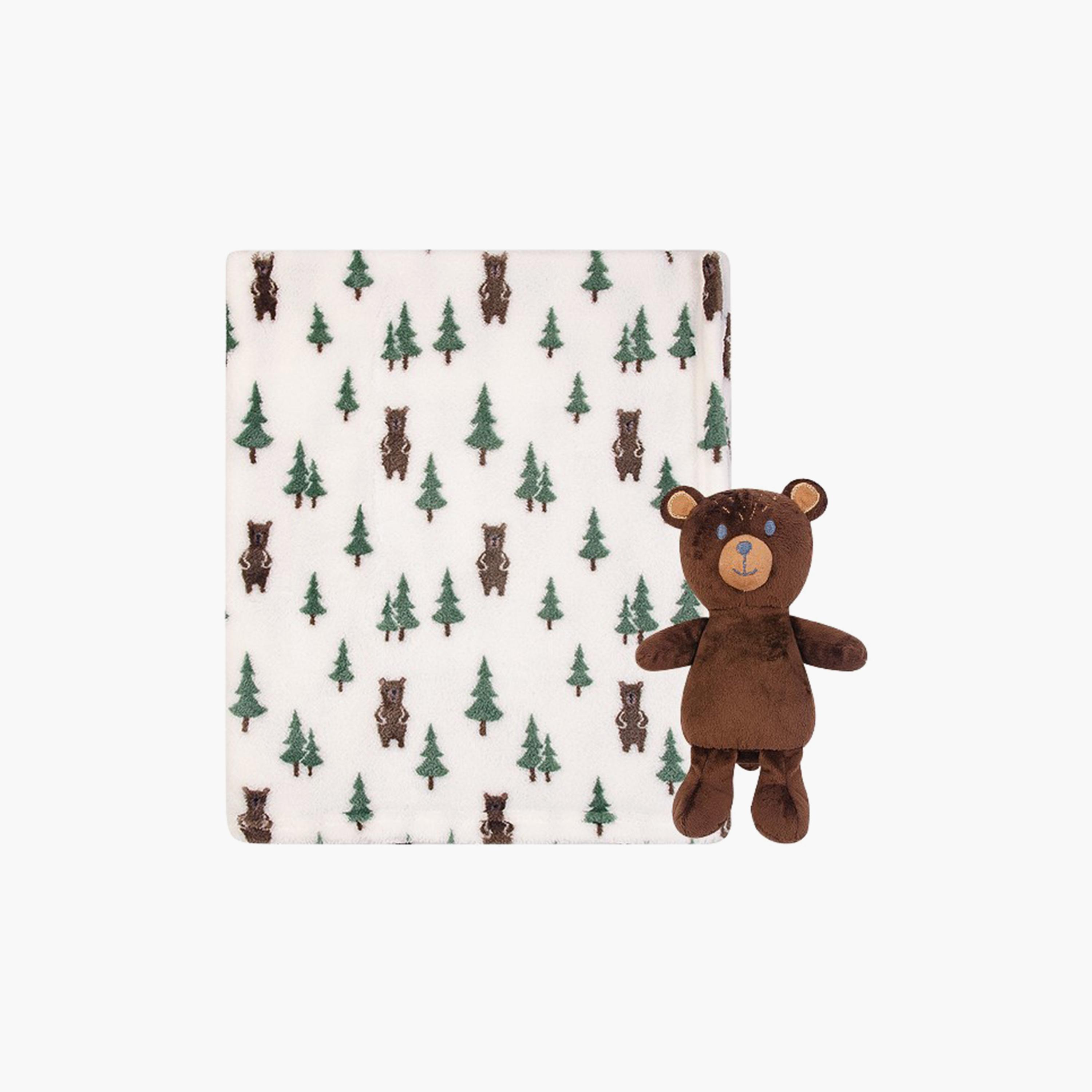 Hudson Baby 2-Piece Pritned Blanket with Plush Toy - Forest Bear-baby-nursery-blanketsandswaddles-blanketsandquilts-image-1