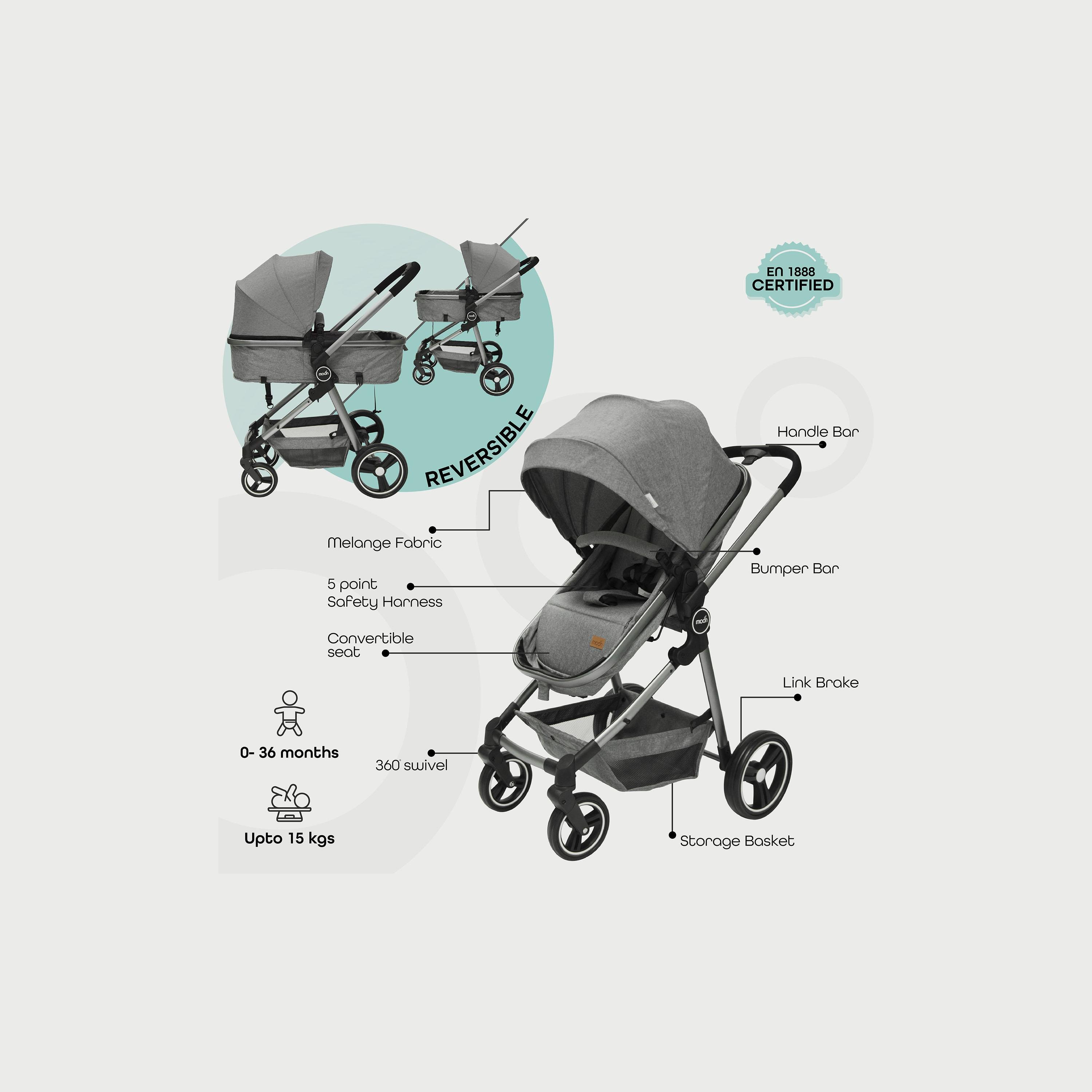 Moon Pro 2 In 1 Stroller, Dark Grey-baby-gear-strollersandprams-strollers-image-2