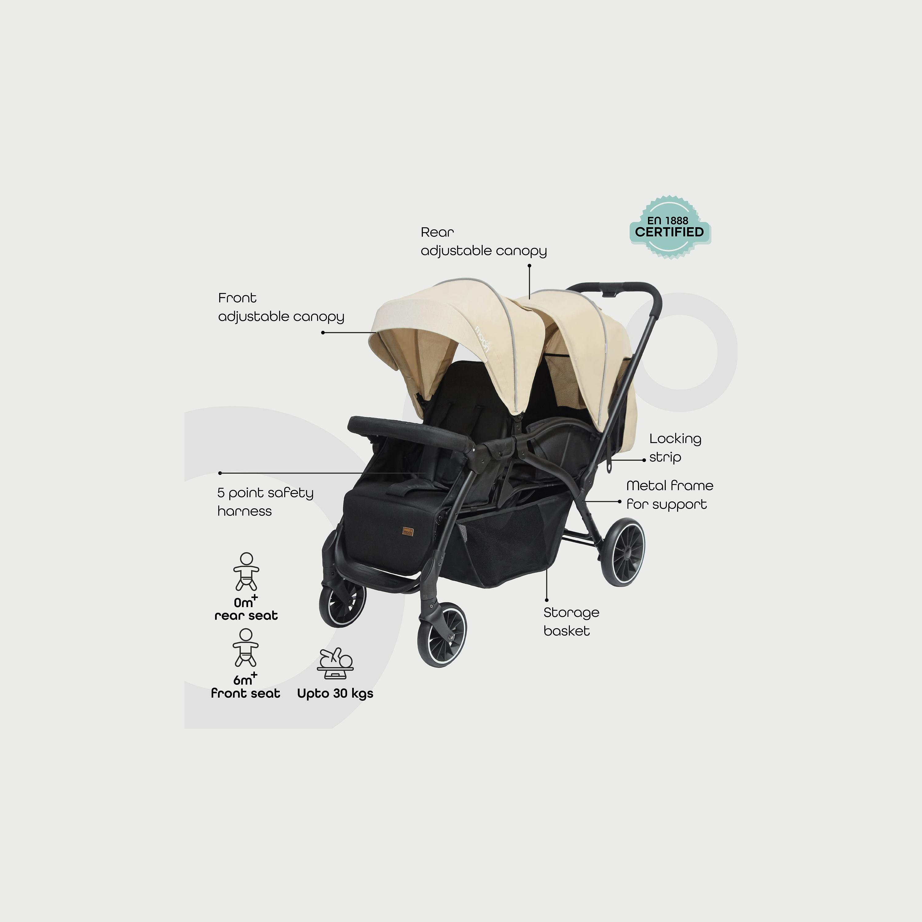 Moon Dois Foldable Twin Stroller with Adjustable Leg Rest - Beige-baby-gear-strollersandprams-strollers-image-2
