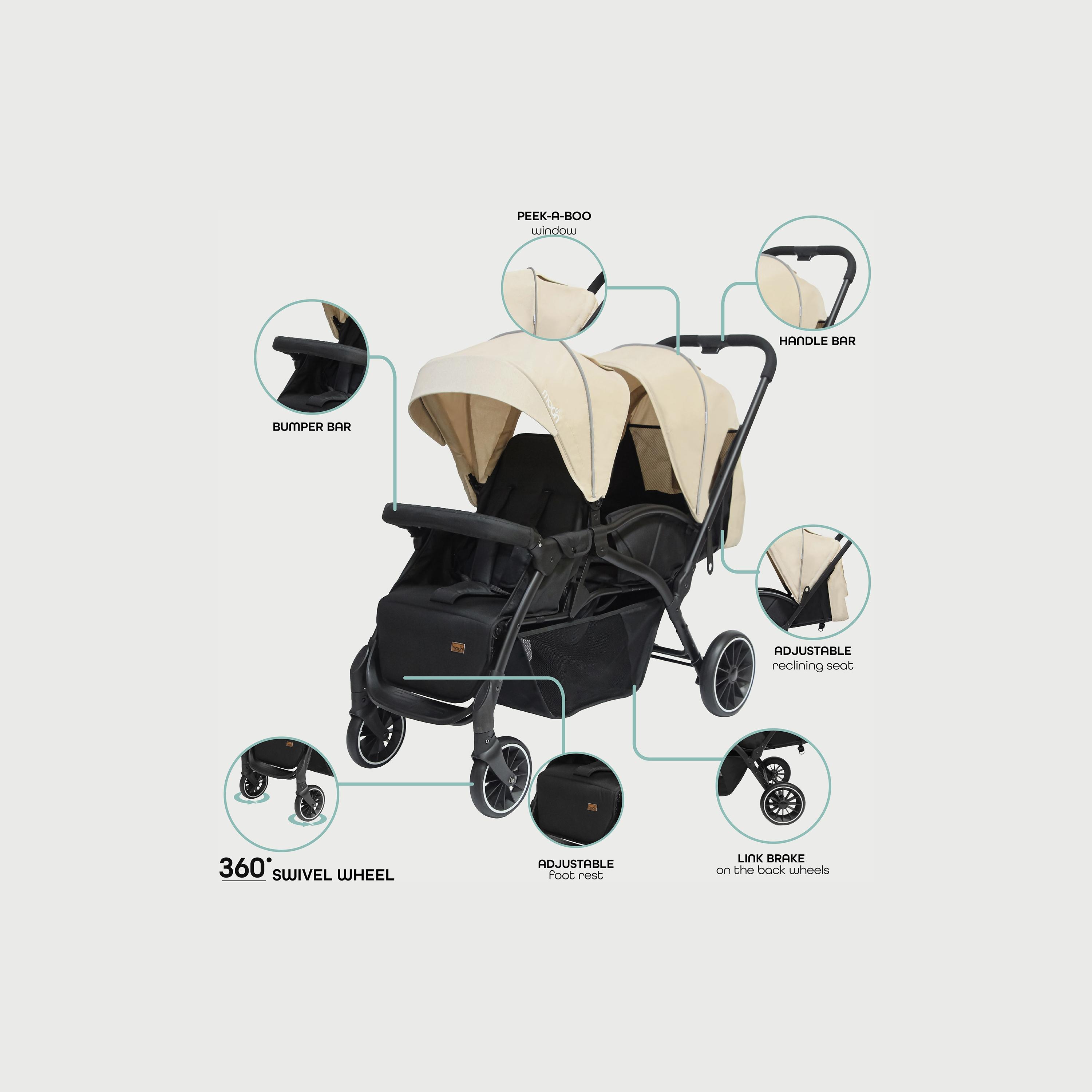 Moon Dois Foldable Twin Stroller with Adjustable Leg Rest - Beige-baby-gear-strollersandprams-strollers-image-3