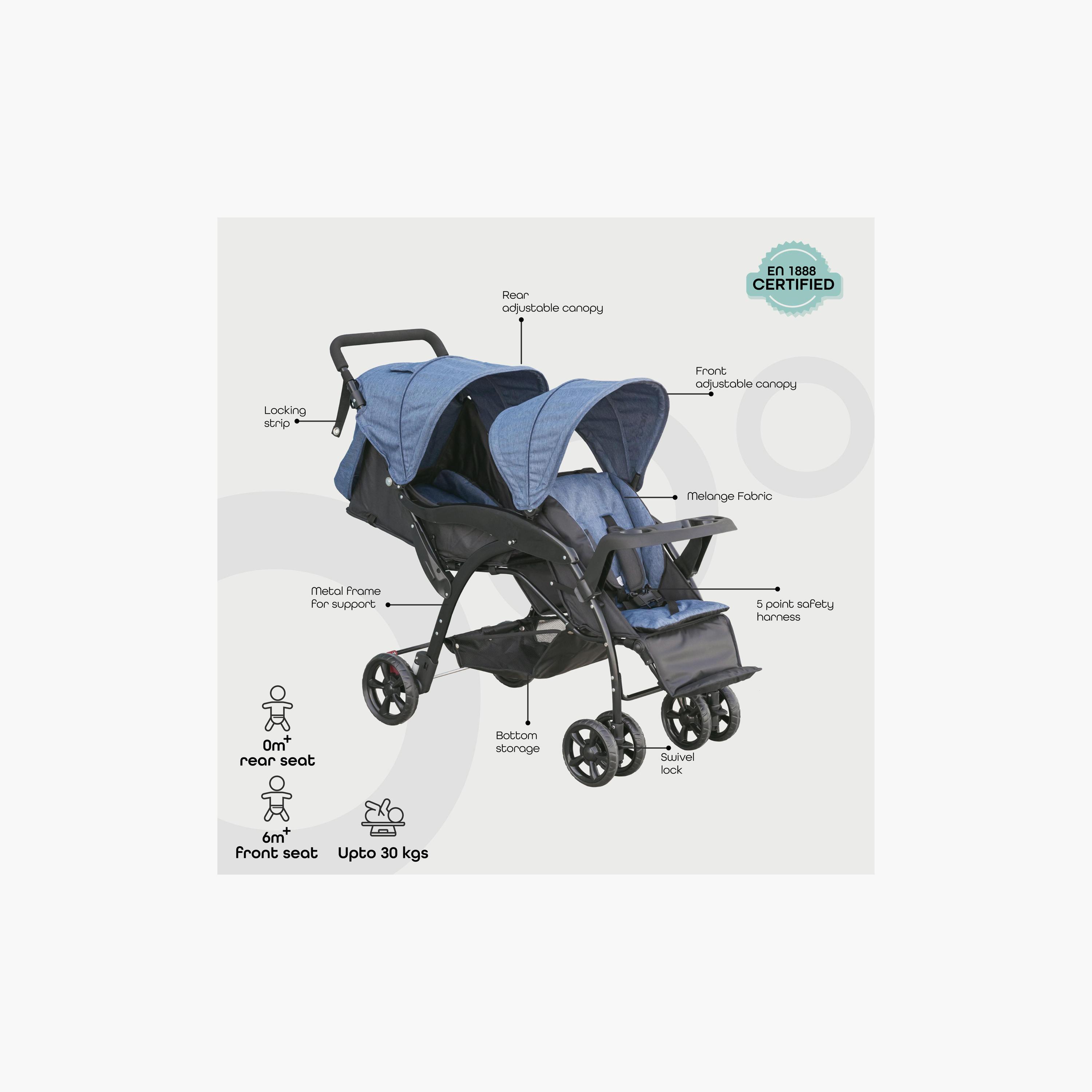 Moon Dois Foldable Twin Stroller with Adjustable Leg Rest - Black & Blue-baby-gear-strollersandprams-strollers-image-2