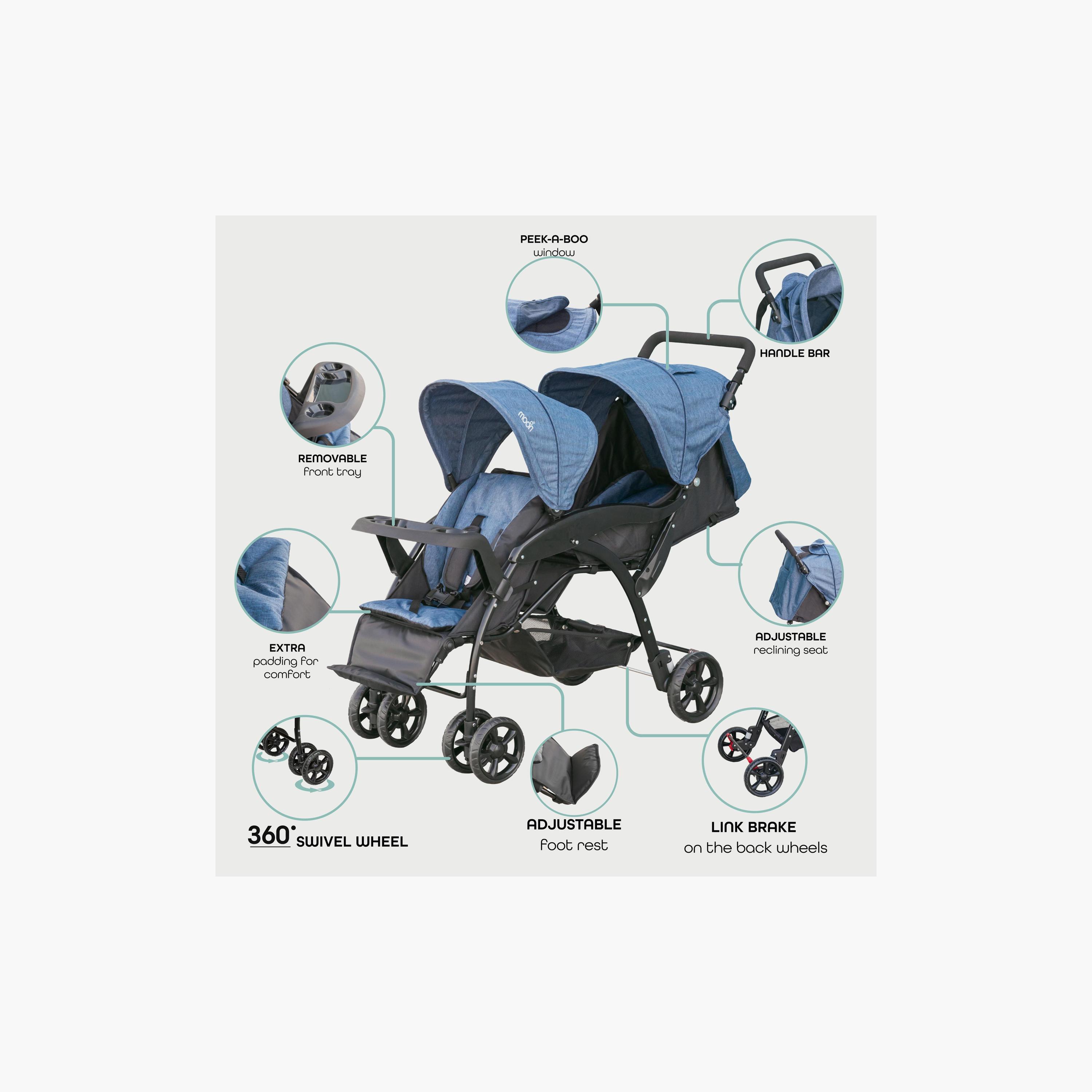 Moon Dois Foldable Twin Stroller with Adjustable Leg Rest - Black & Blue-baby-gear-strollersandprams-strollers-image-3