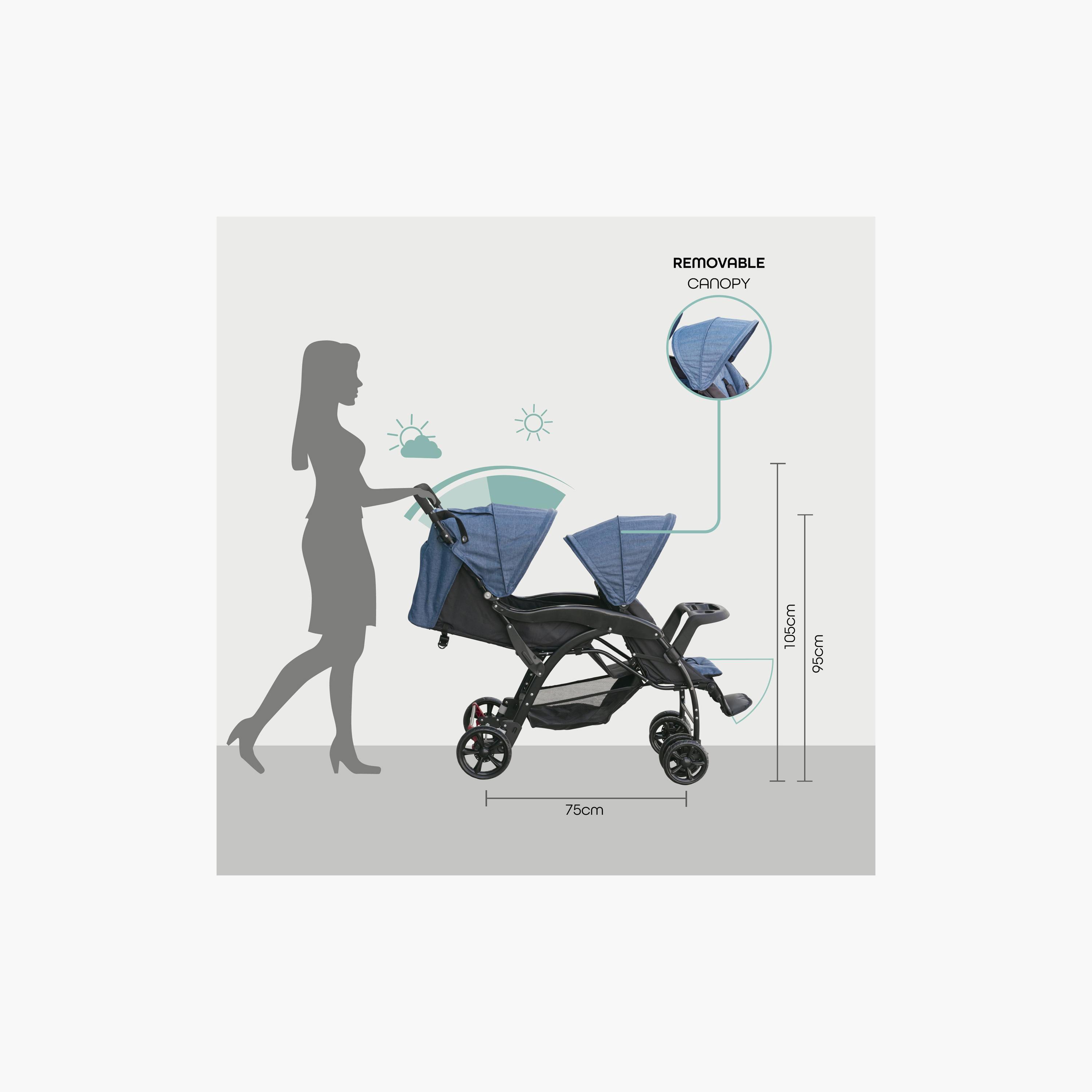 Moon Dois Foldable Twin Stroller with Adjustable Leg Rest - Black & Blue-baby-gear-strollersandprams-strollers-image-4