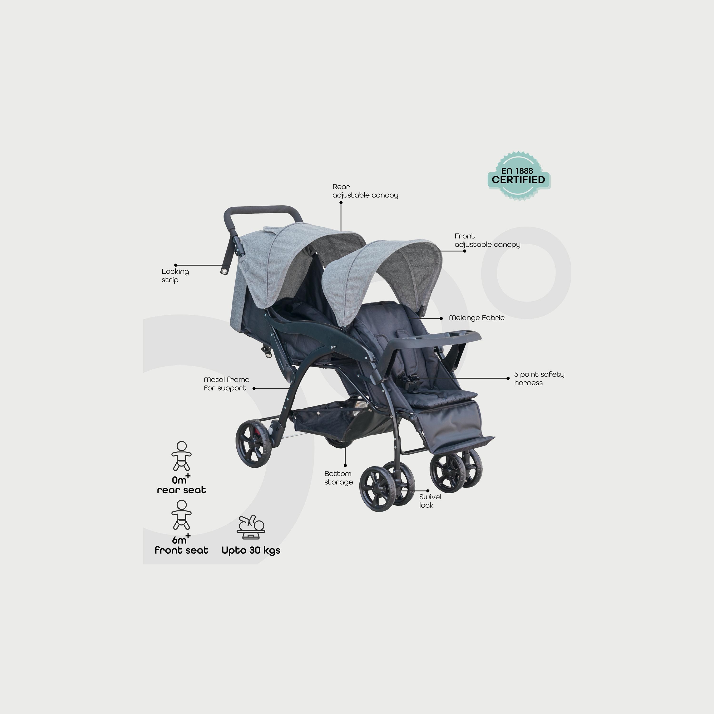 Moon Dois Foldable Twin Stroller with Adjustable Leg Rest - Grey-baby-gear-strollersandprams-strollers-image-2