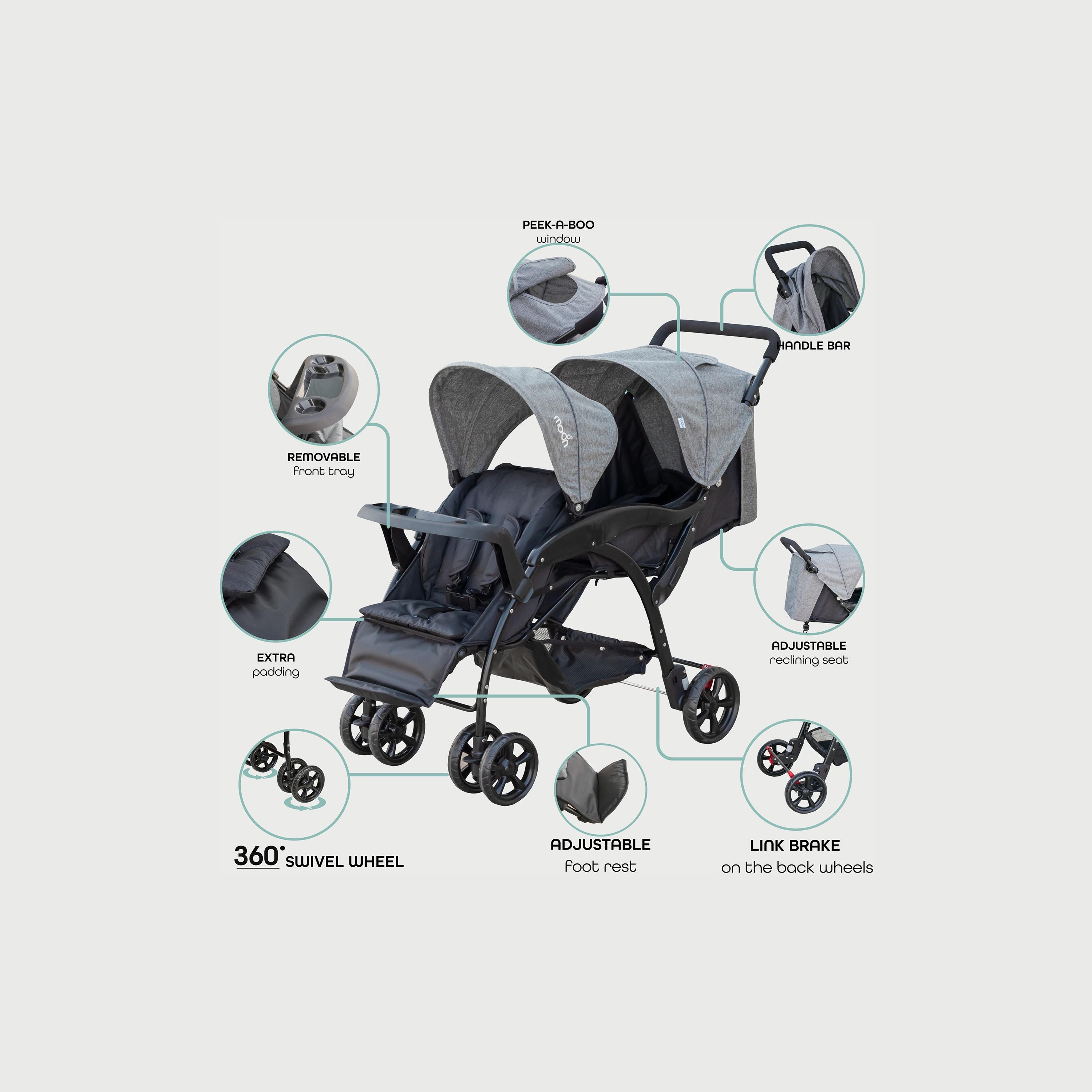 Moon Dois Foldable Twin Stroller with Adjustable Leg Rest - Grey-baby-gear-strollersandprams-strollers-image-3