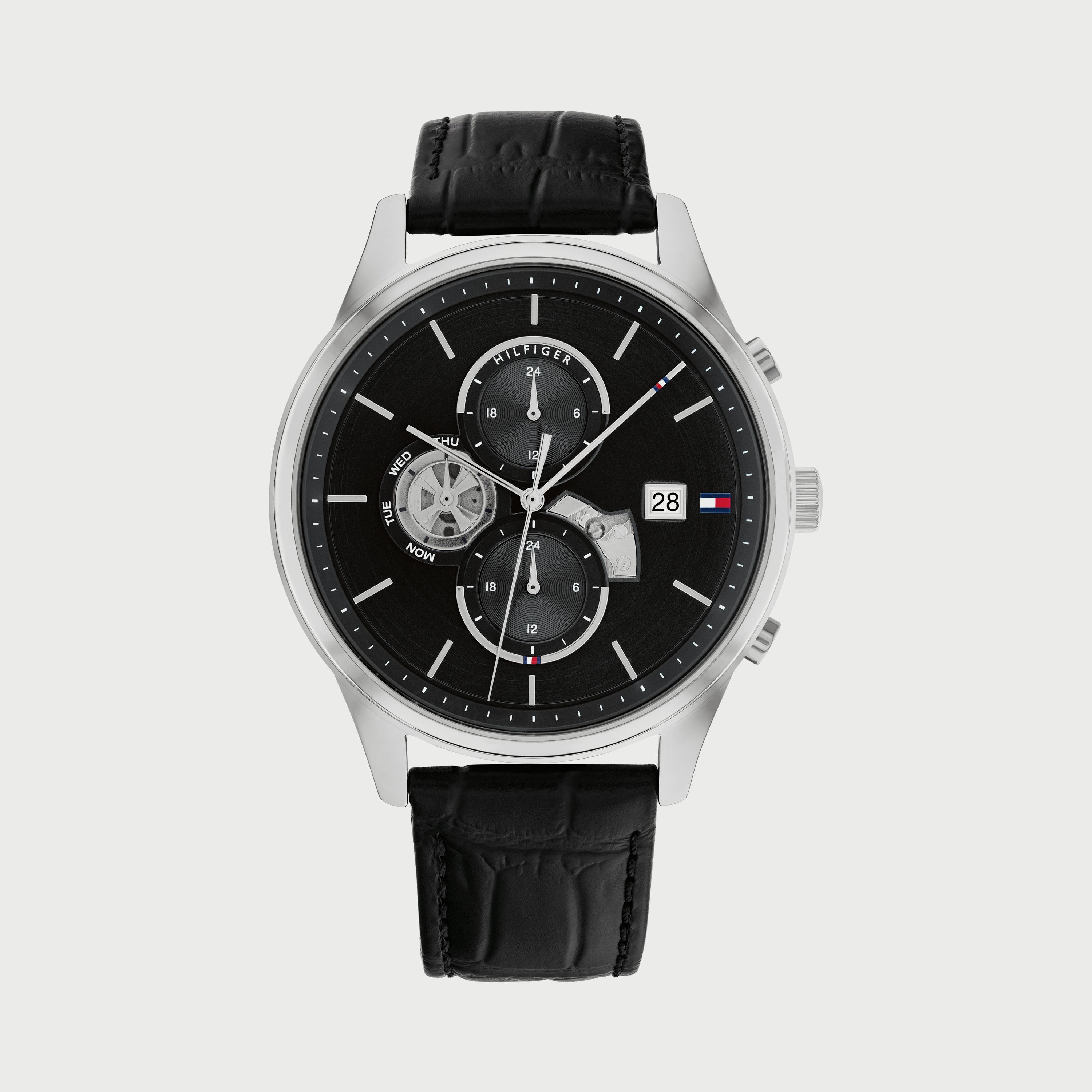 ساعة كرونوغراف للرجال 44 ملم بلون أسود بسوار جلدي من تومي هيلفيغر 1710502-men-watchesandjewellery-watches-image-1
