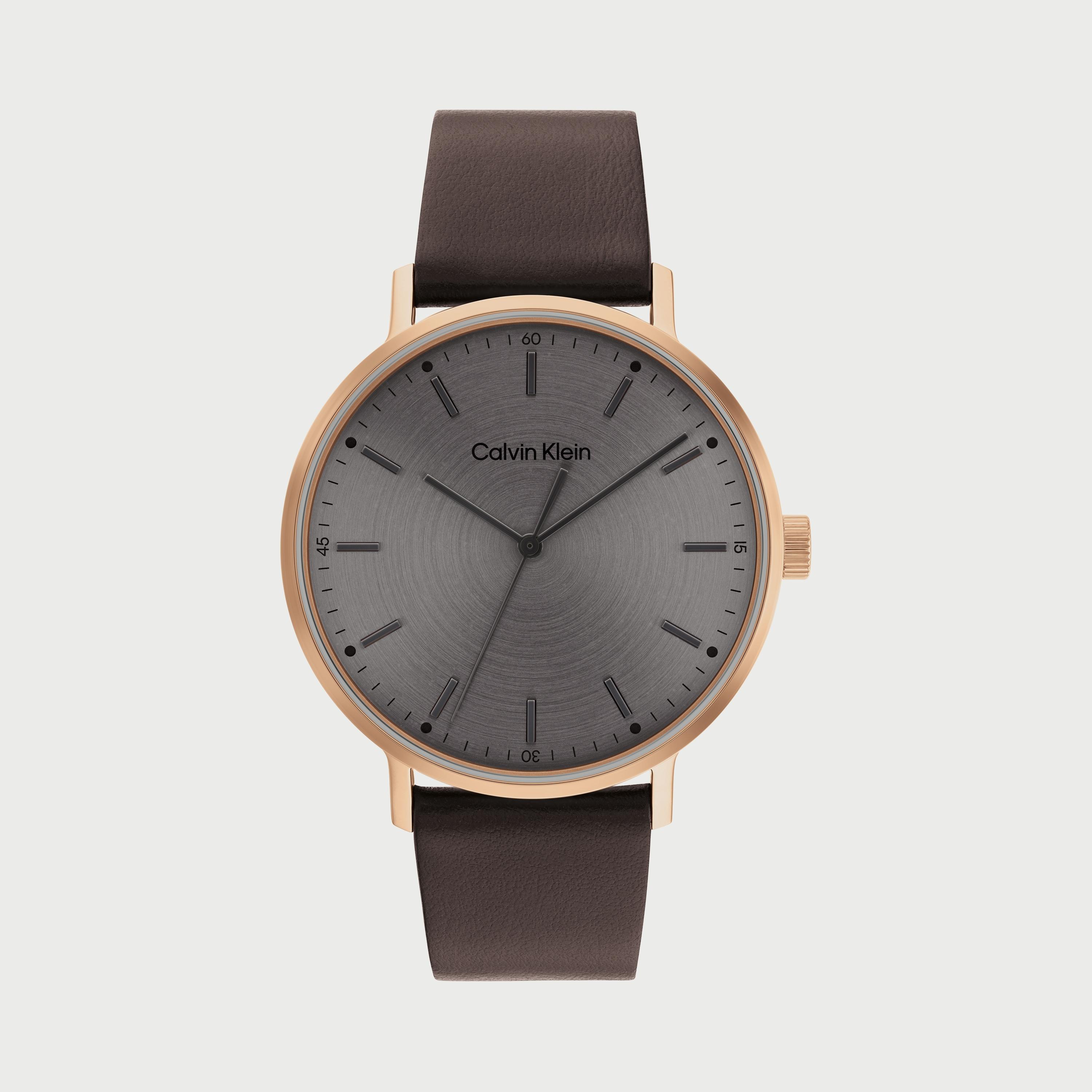 ساعة أنالوج للرجال صناعة سويسرية 42 ملم بسوار جلدي بلون بني من كالفن كلاين 25200051-men-watchesandjewellery-watches-image-1