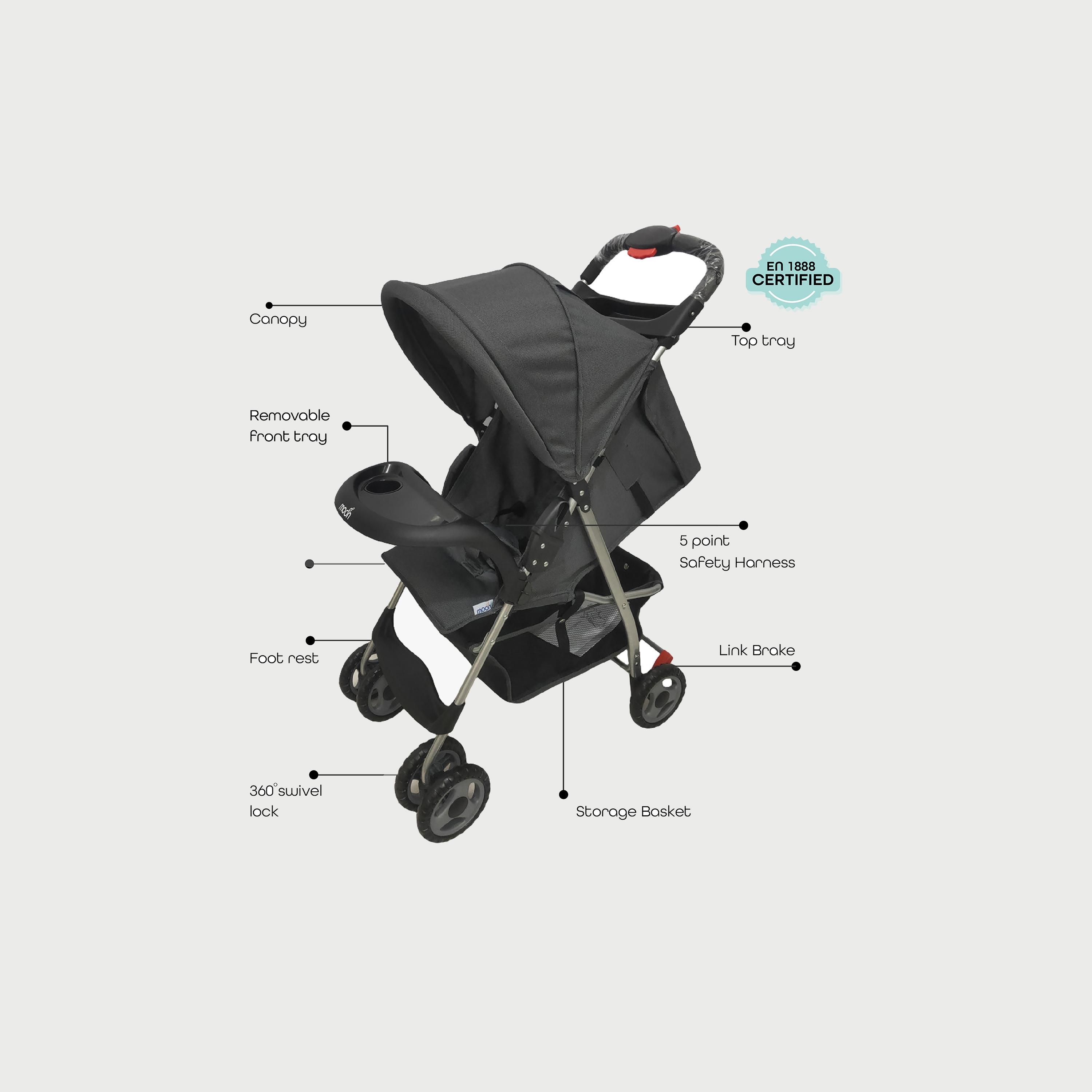 عربة أطفال قابلة للطي بيد واحدة بيزيك من موون، رمادي غامق-baby-gear-strollersandprams-strollers-image-2