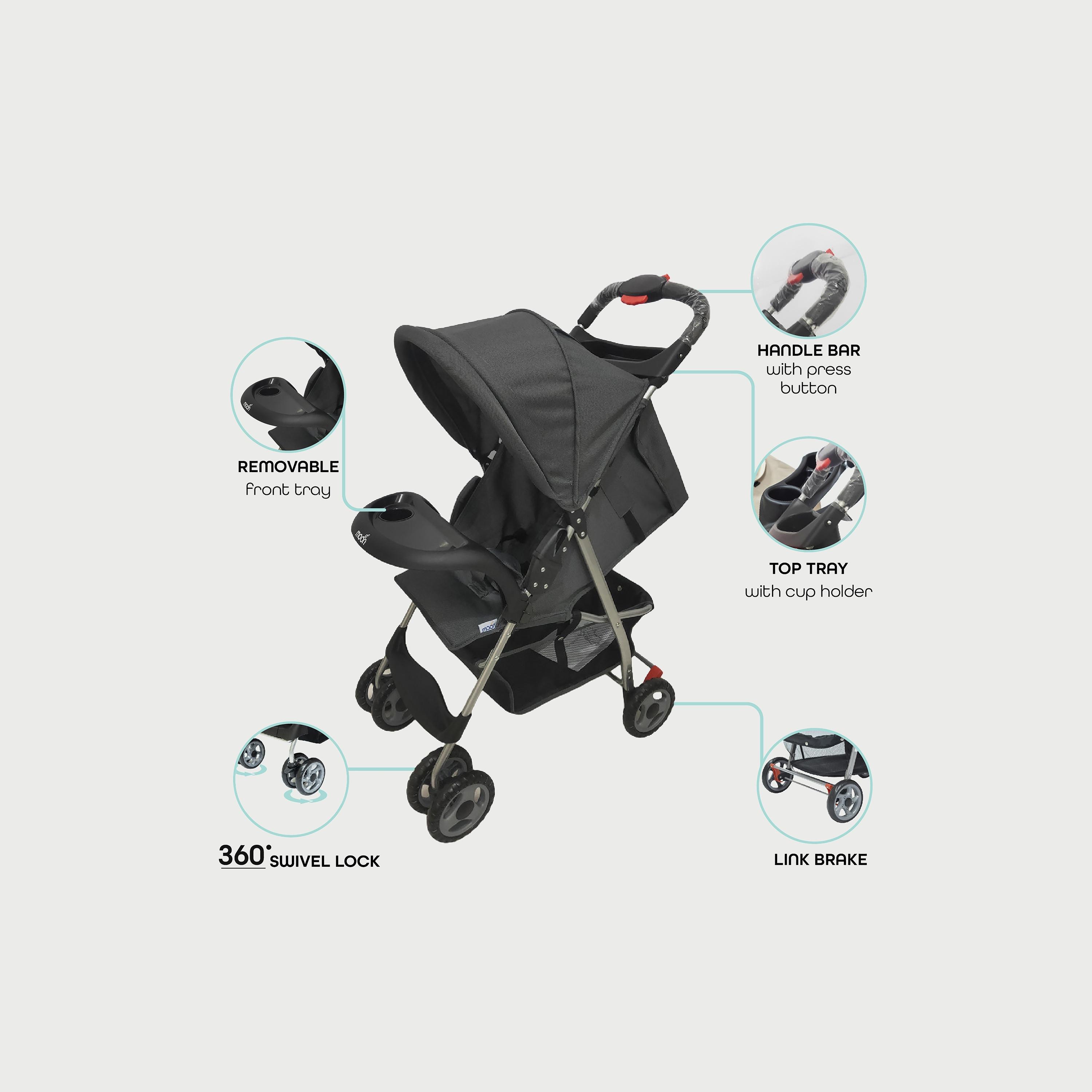 عربة أطفال قابلة للطي بيد واحدة بيزيك من موون، رمادي غامق-baby-gear-strollersandprams-strollers-image-3