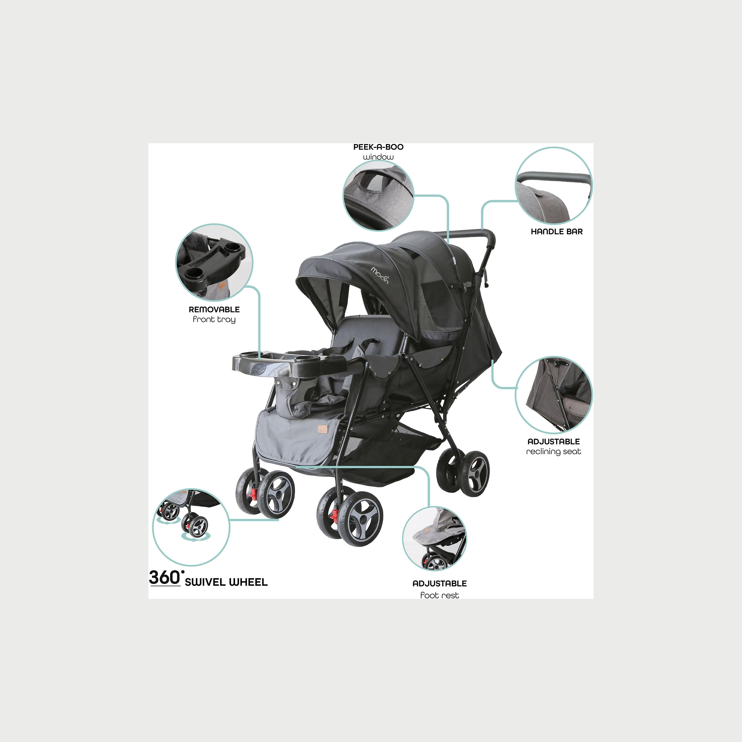 Moon Magnum Tandem Easy Fold Twin Travel Stroller, Black/Grey Dots-baby-gear-strollersandprams-strollers-image-3