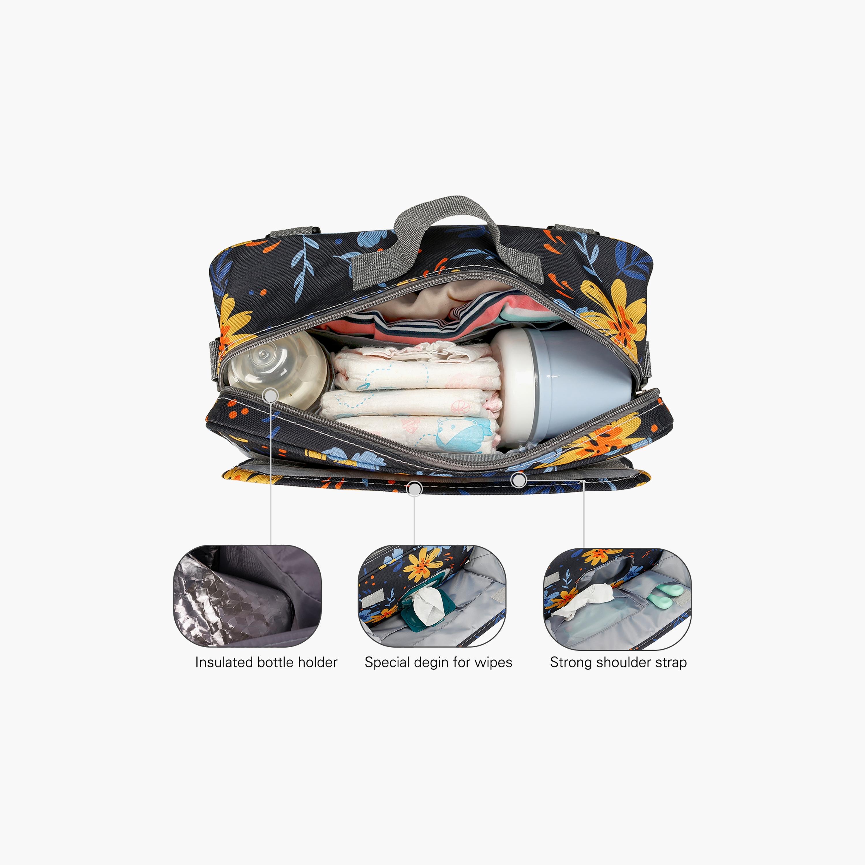 Little Story Baby Diaper Changing Clutch Kit, Floret Grey-baby-gear-diaperbags-image-5