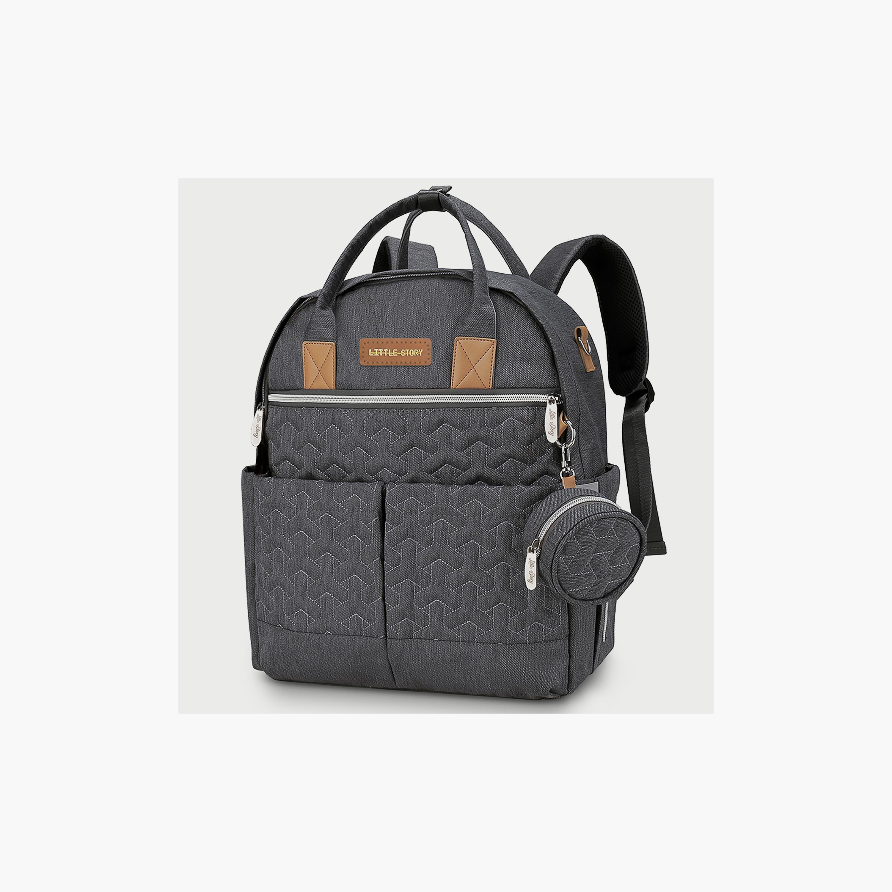 Little Story Quilted Diaper Backpack With Pacifier Bag And Stroller Hooks, Grey-baby-diapering-diaperbags-image-1