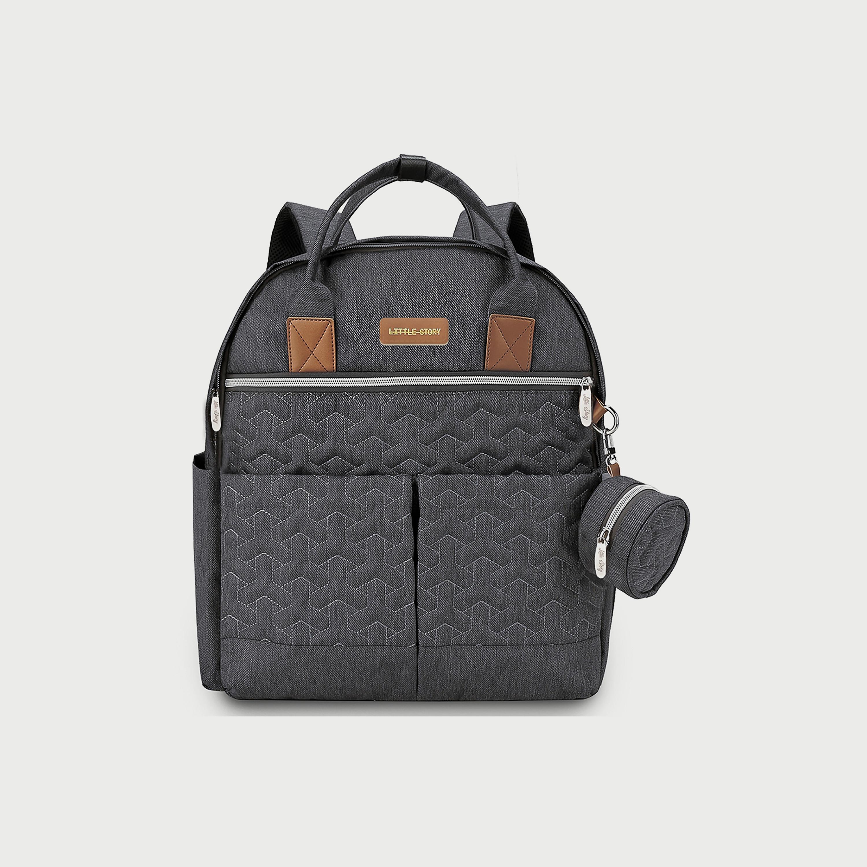 Little Story Quilted Diaper Backpack With Pacifier Bag And Stroller Hooks, Grey-baby-diapering-diaperbags-image-2