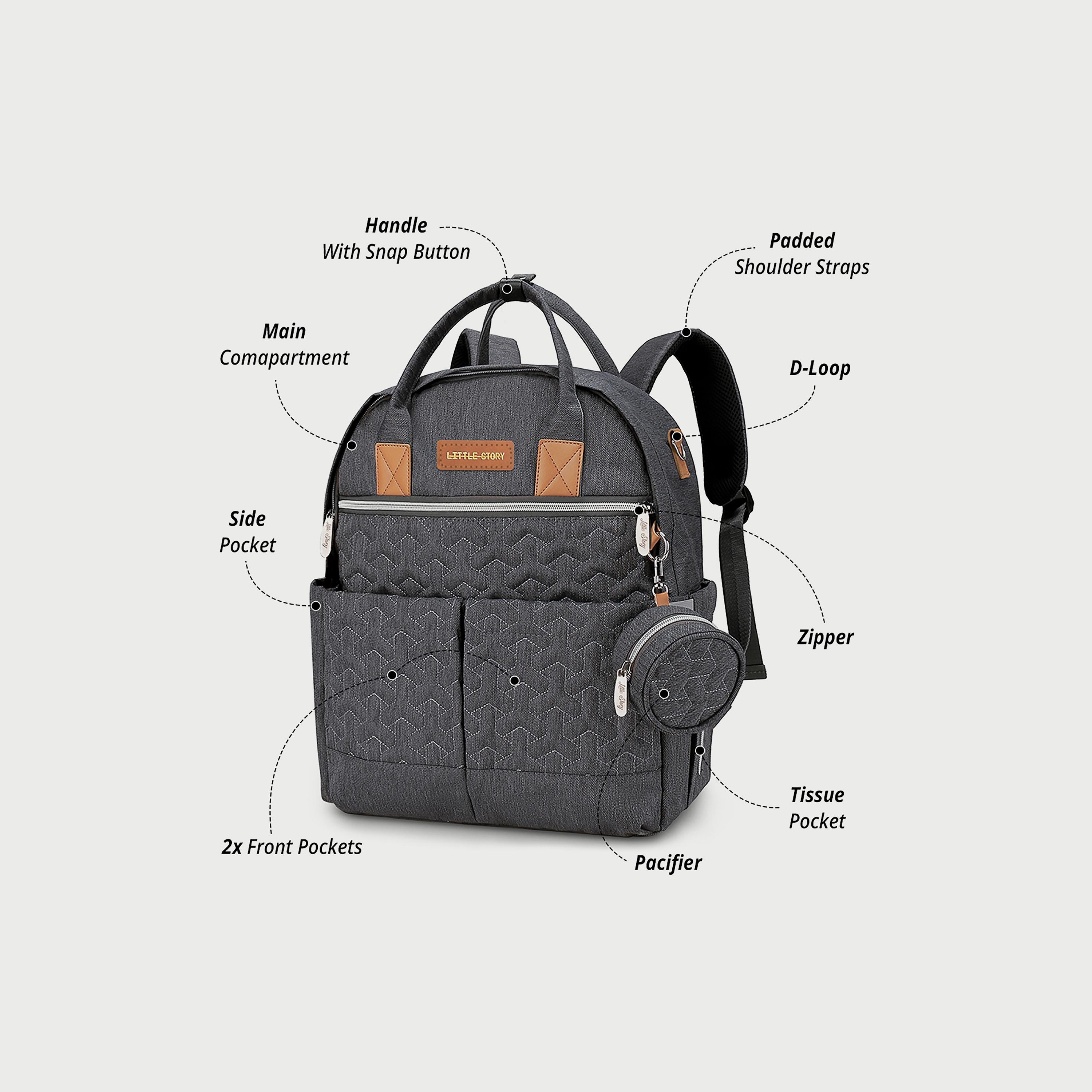 Little Story Quilted Diaper Backpack With Pacifier Bag And Stroller Hooks, Grey-baby-diapering-diaperbags-image-3