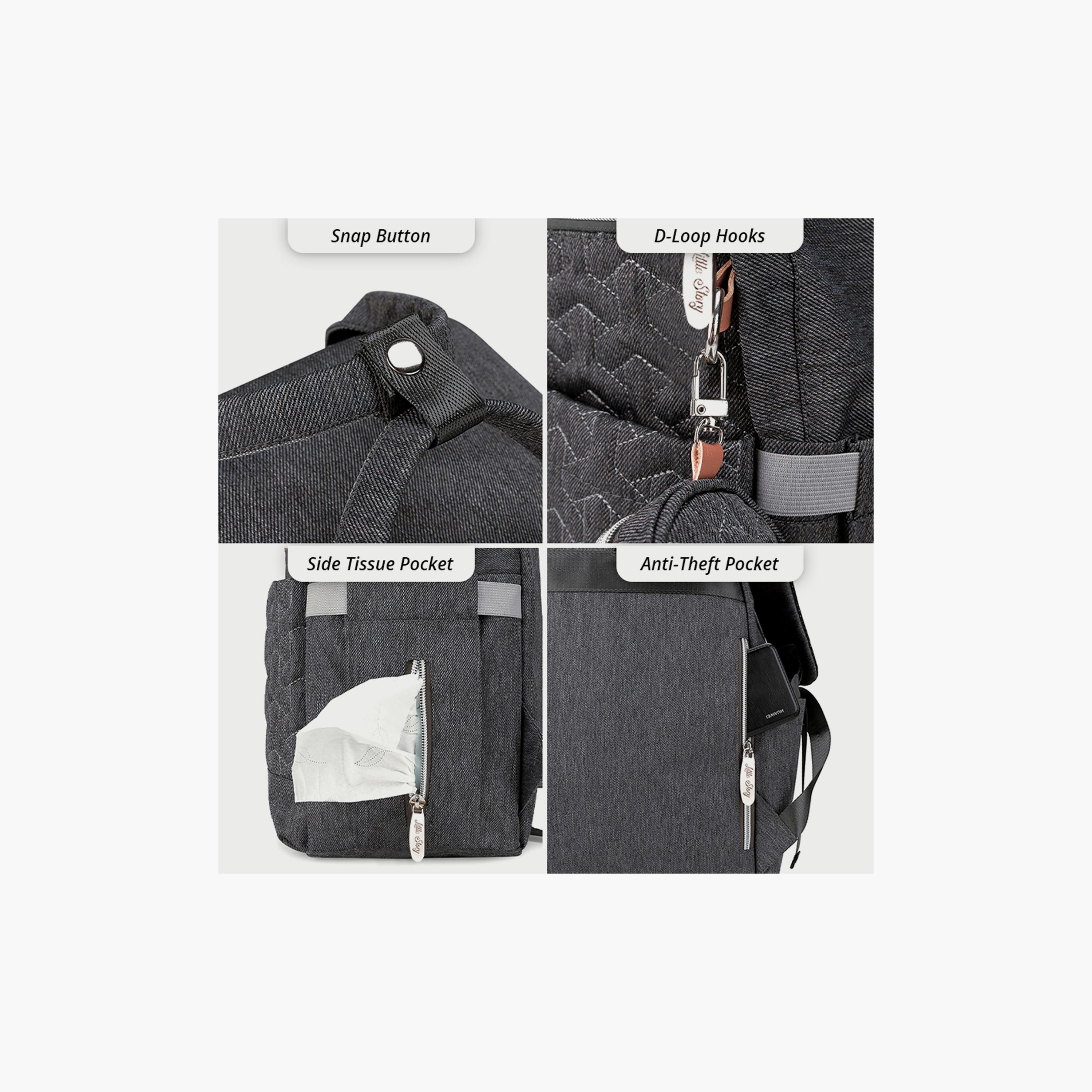 Little Story Quilted Diaper Backpack With Pacifier Bag And Stroller Hooks, Grey-baby-diapering-diaperbags-image-4