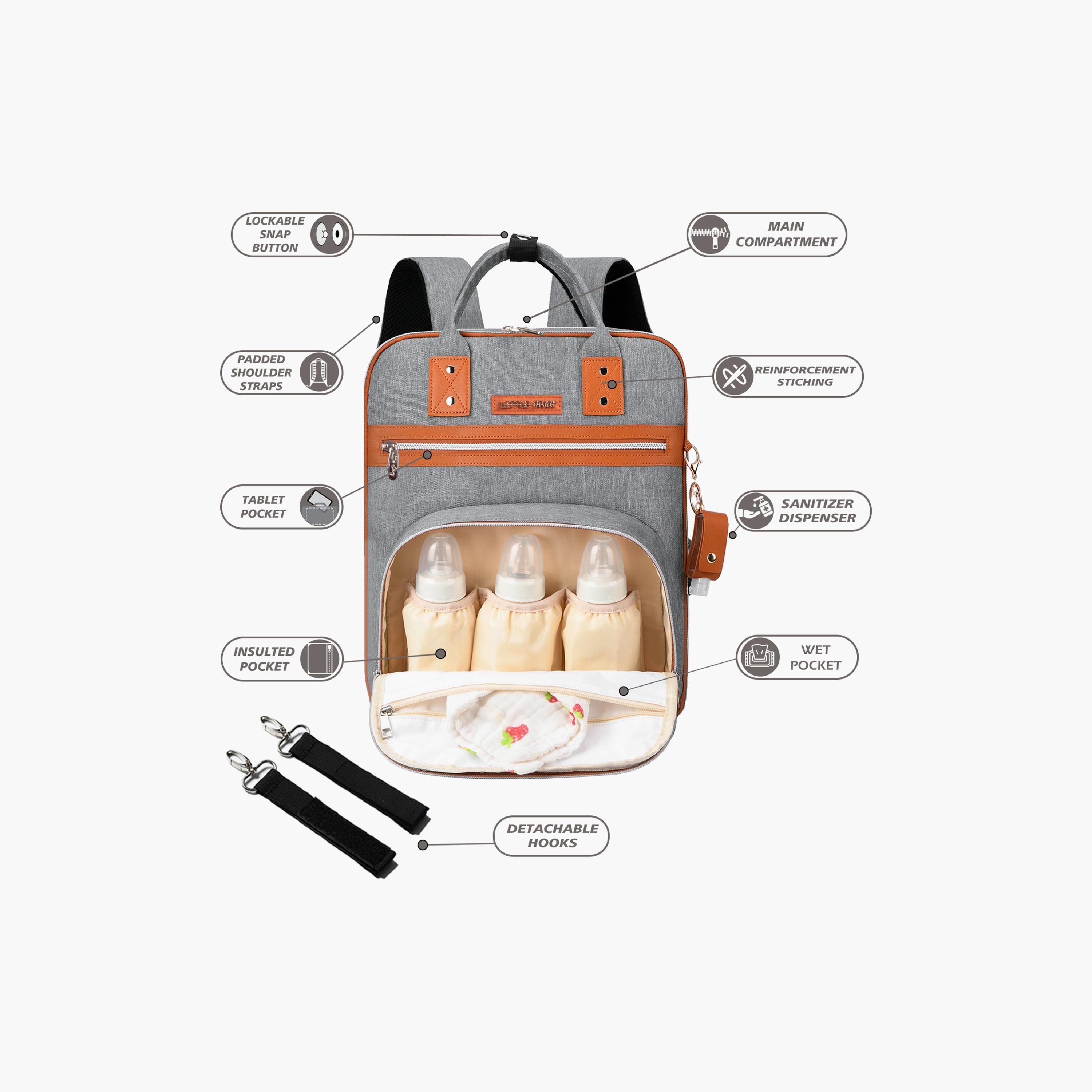 Little Story 2In1 Diaper Bag With Sanitizer Bottle Keychain & Stroller Hooks, Grey-baby-gear-diaperbags-image-2