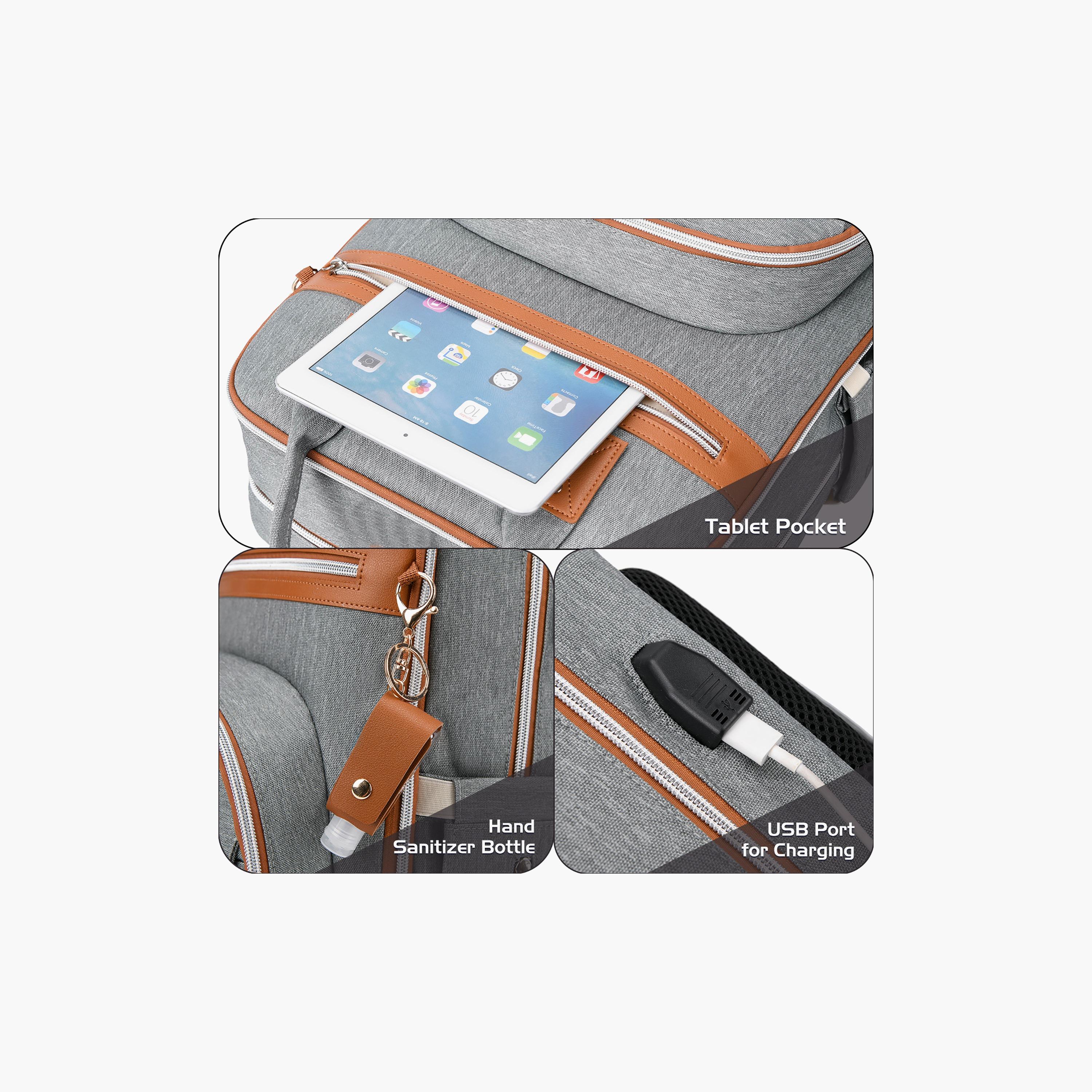 Little Story 2In1 Diaper Bag With Sanitizer Bottle Keychain & Stroller Hooks, Grey-baby-gear-diaperbags-image-5