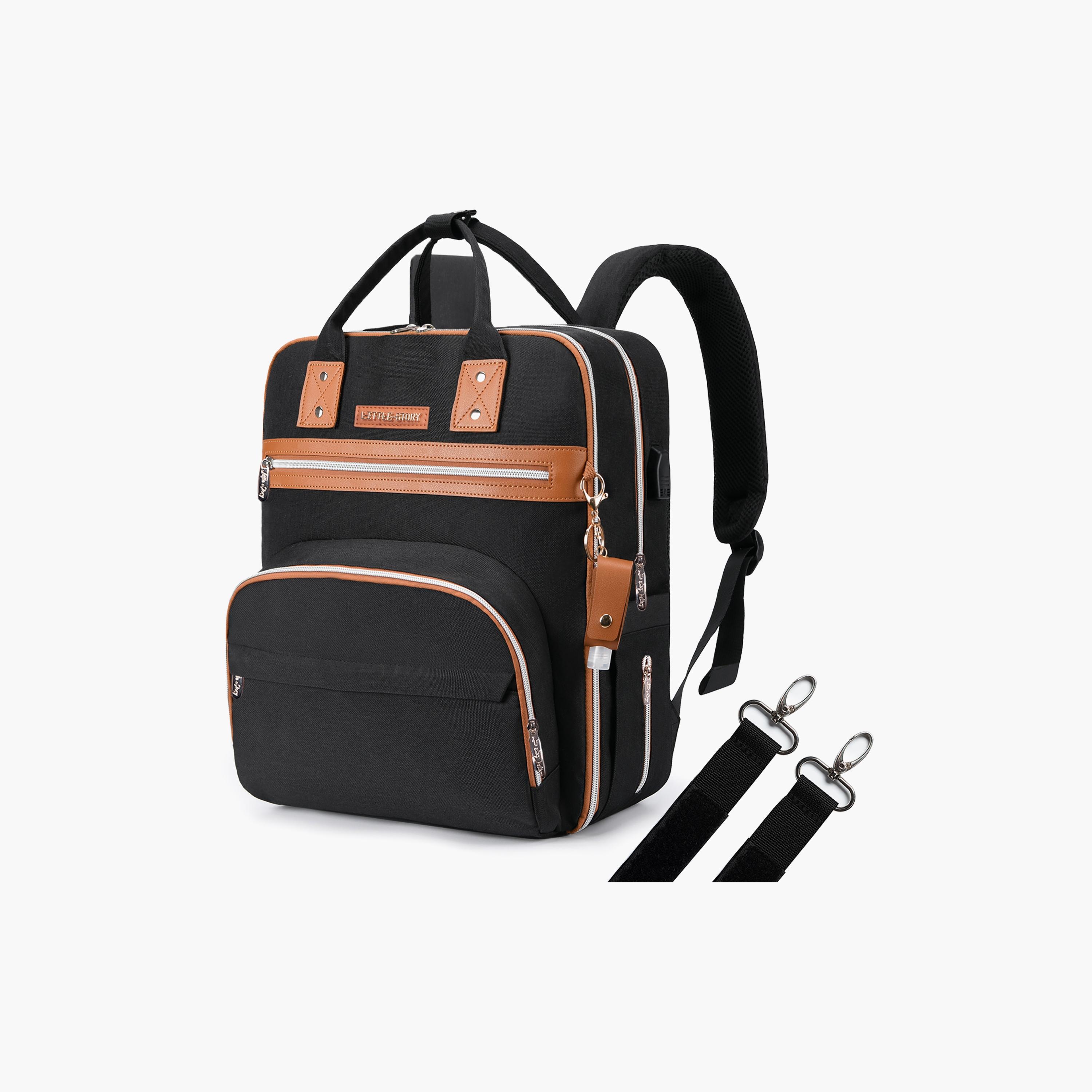 Little Story 2In1 Diaper Bag With Sanitizer Bottle Keychain & Stroller Hooks, Black-baby-gear-diaperbags-image-1