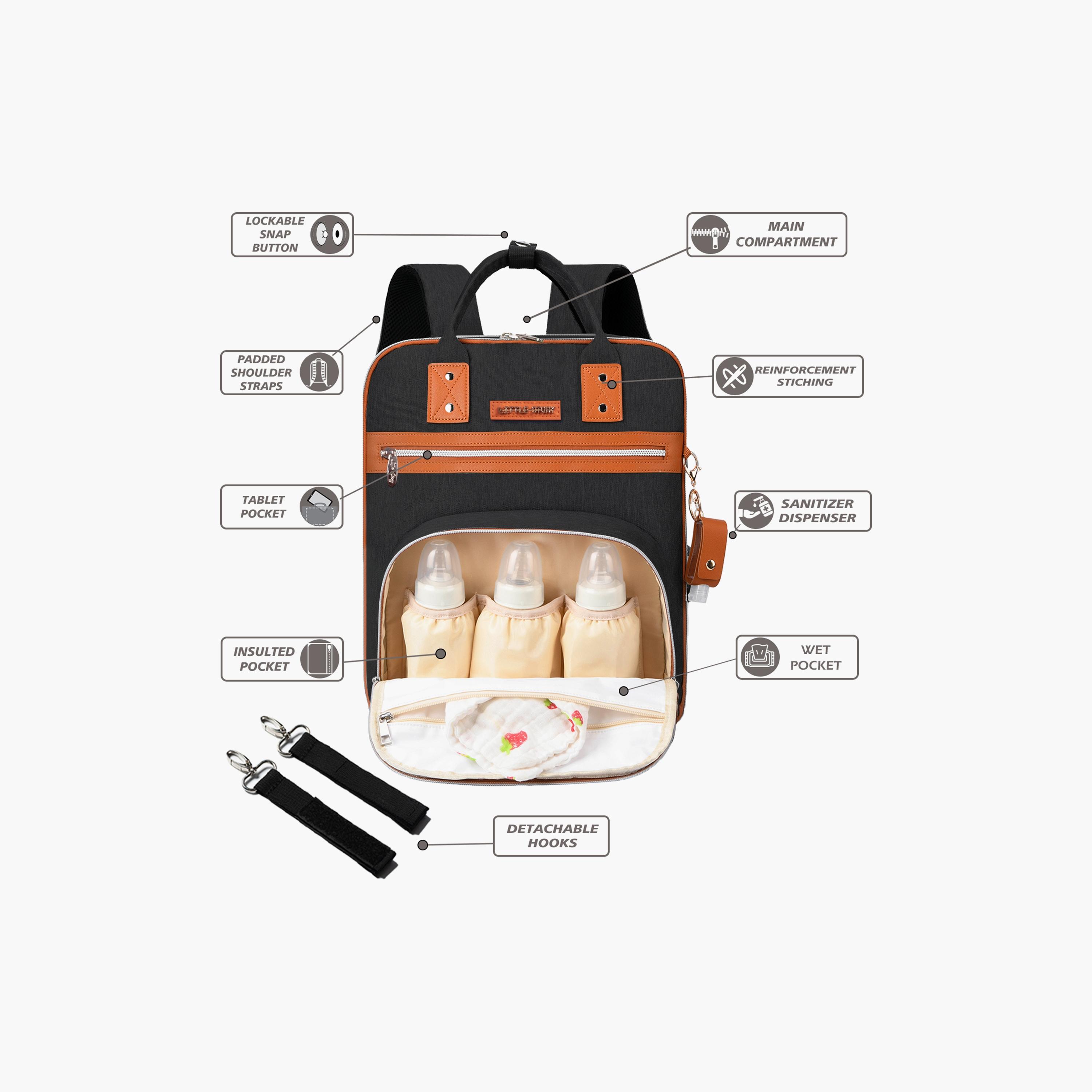 Little Story 2In1 Diaper Bag With Sanitizer Bottle Keychain & Stroller Hooks, Black-baby-gear-diaperbags-image-2