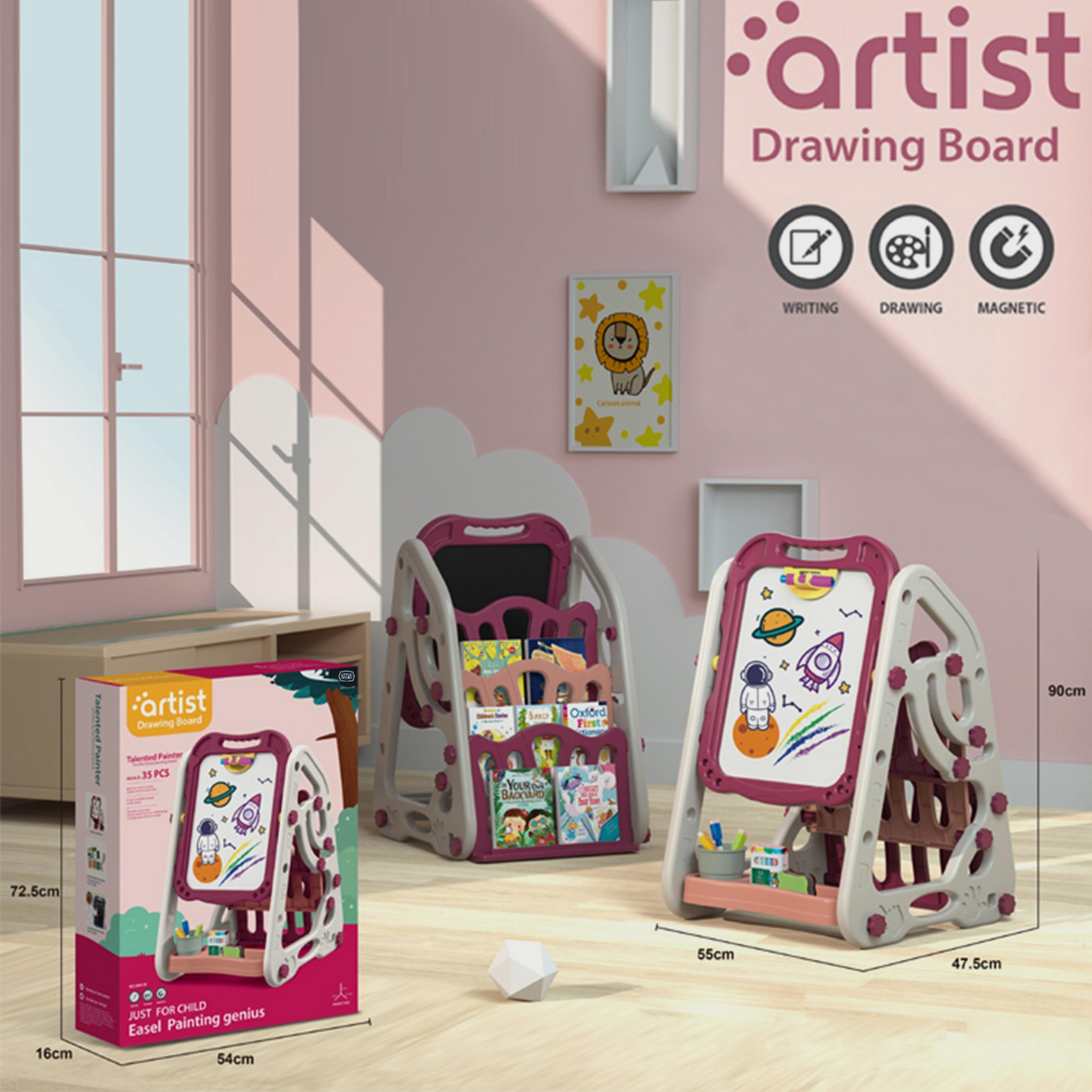 Little Story Double Sided Multifunctional Magnetic Drawing/Learning Board With Book Shelf, Pink-school-artsandcrafts-image-2