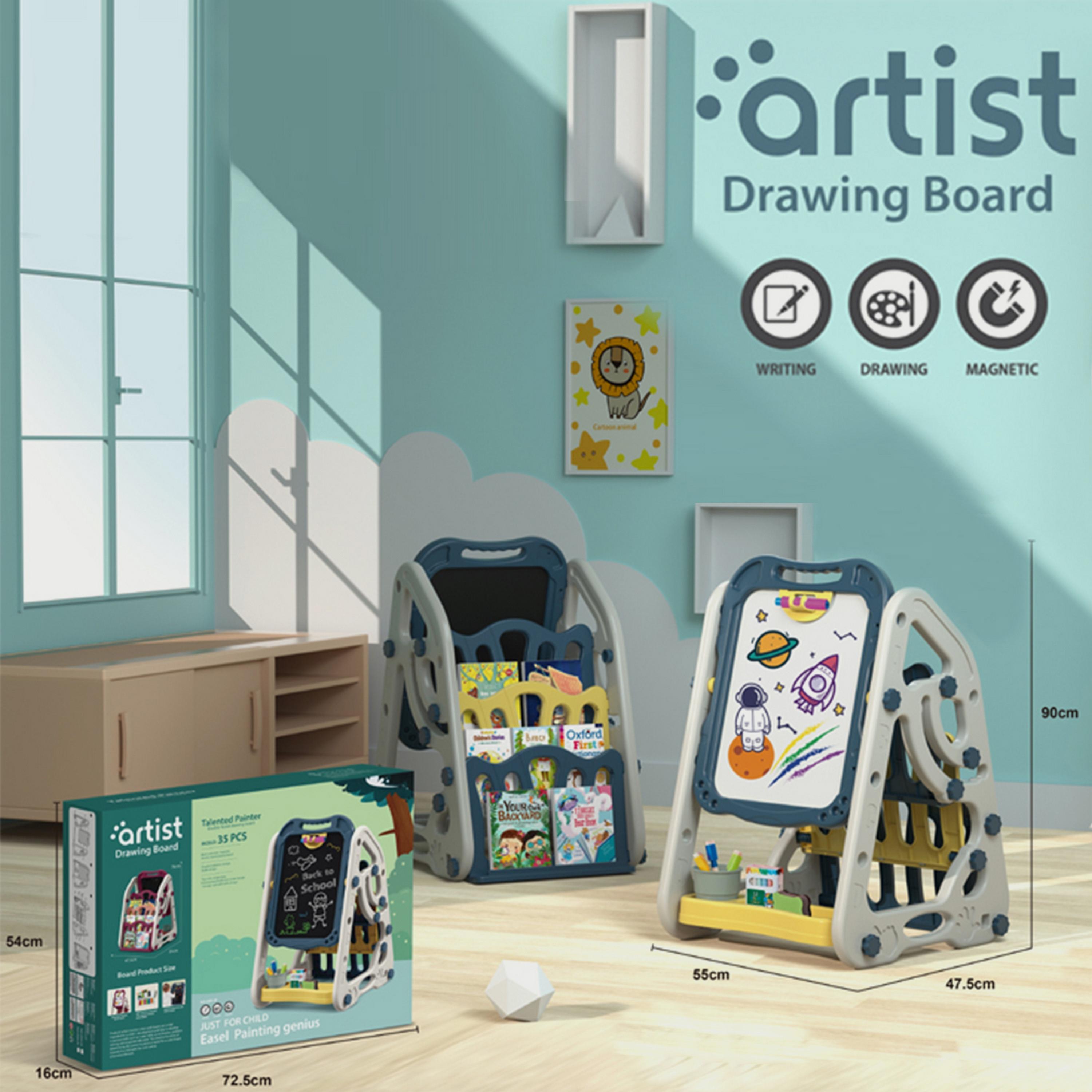 Little Story Double Sided Multifunctional Magnetic Drawing/Learning Board With Book Shelf, Blue-school-artsandcrafts-image-2