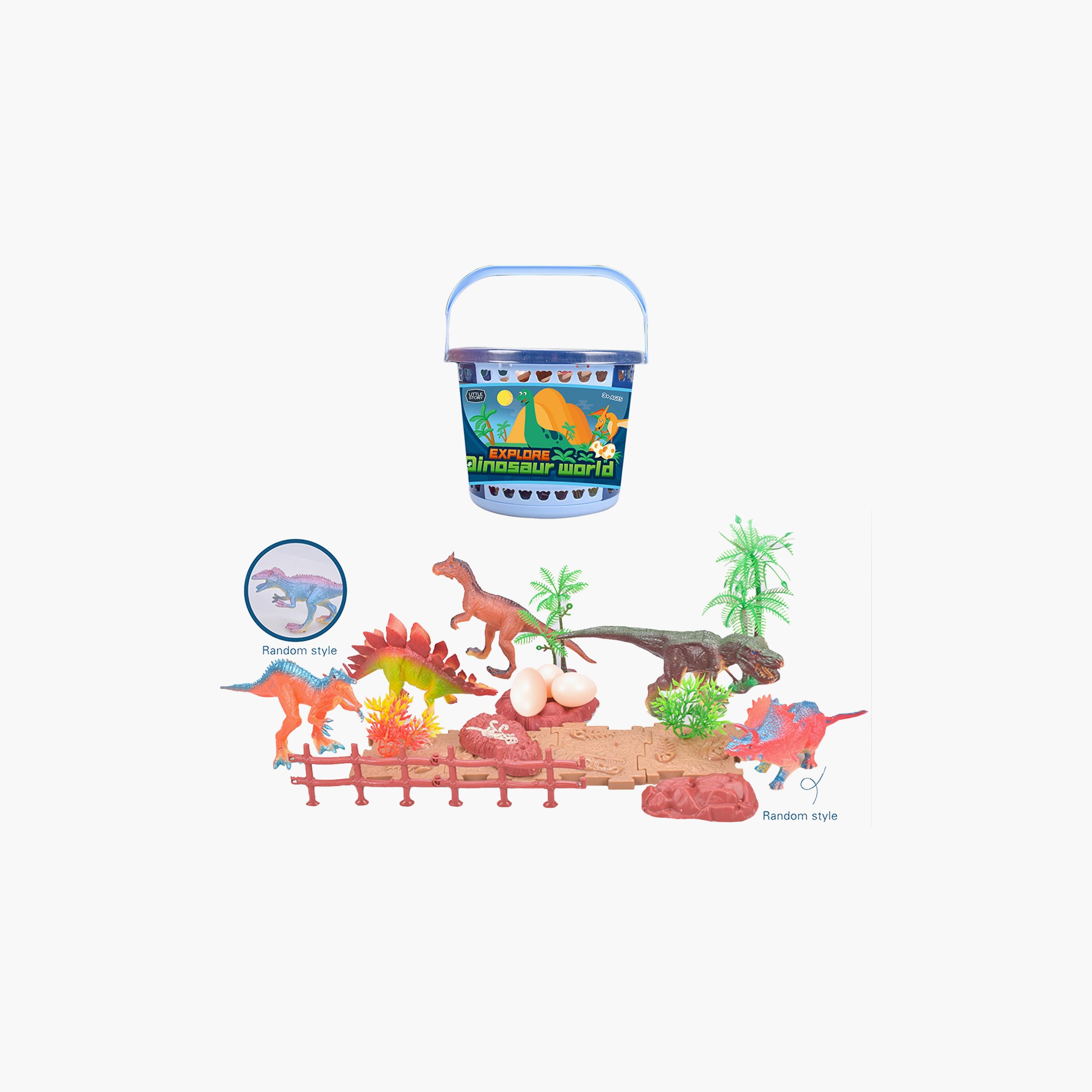 Little Story 21-Piece Dinosaur World Bucket Set With 5-Piece Dinosaur, 3-Piece Egg, And Scene Accessories And 1 Basket, Multicolour-toys-playfigures-actionplaysets-image-1