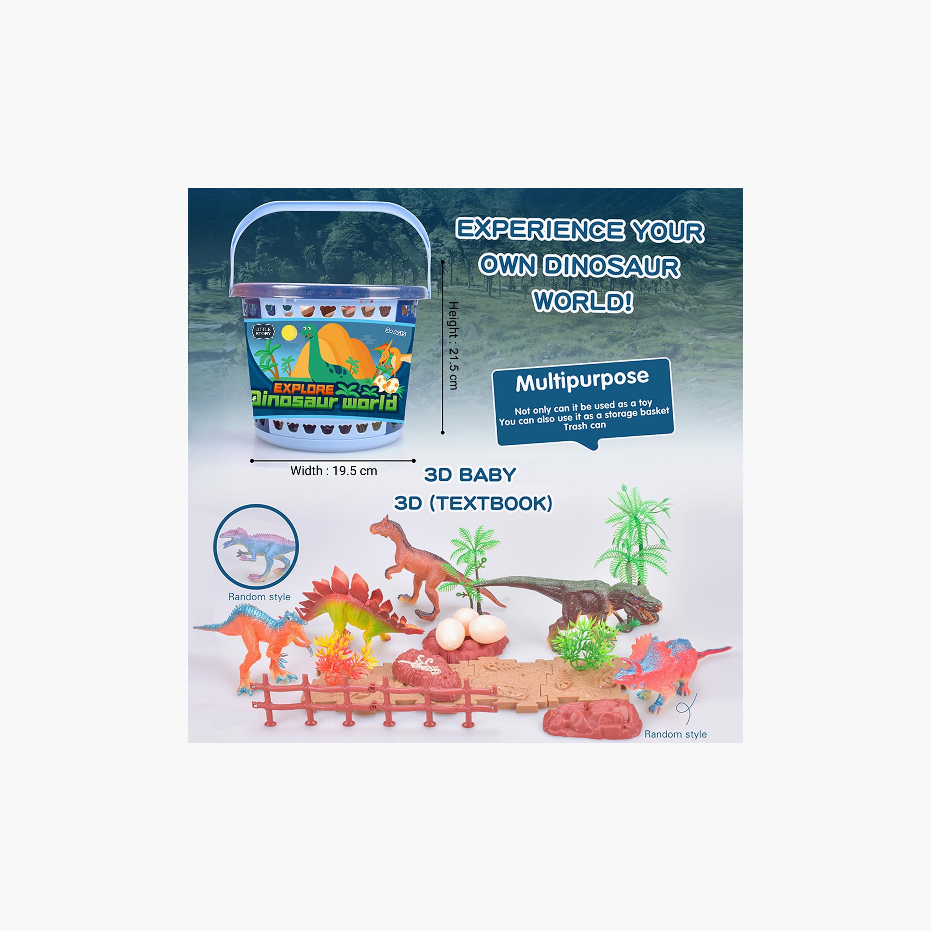 Little Story 21-Piece Dinosaur World Bucket Set With 5-Piece Dinosaur, 3-Piece Egg, And Scene Accessories And 1 Basket, Multicolour-toys-playfigures-actionplaysets-image-3