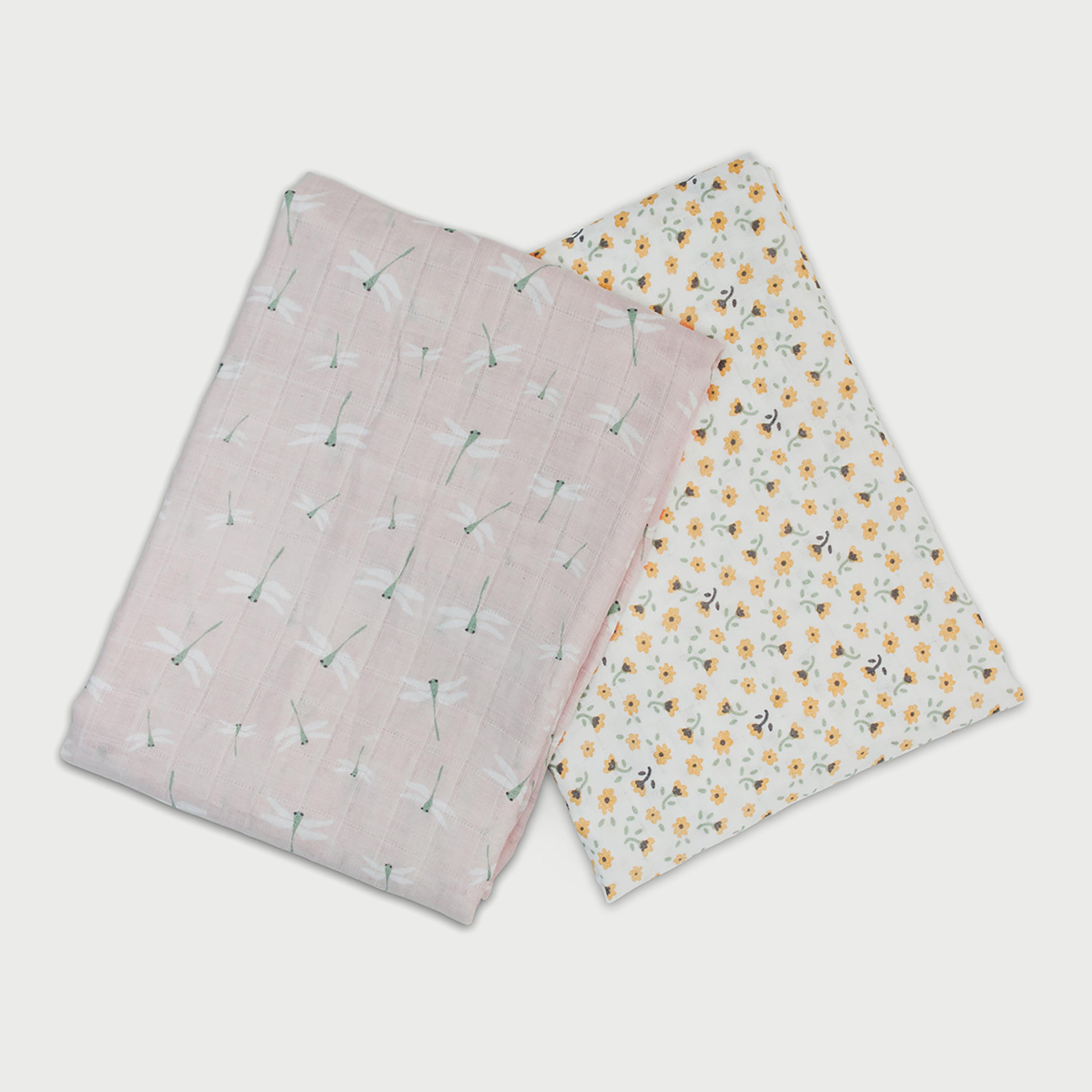 Lulujo 2-Piece Cotton Swaddles, Floral & Dragonfly-baby-nursery-blanketsandswaddles-swaddlesandsleepingbags-image-1