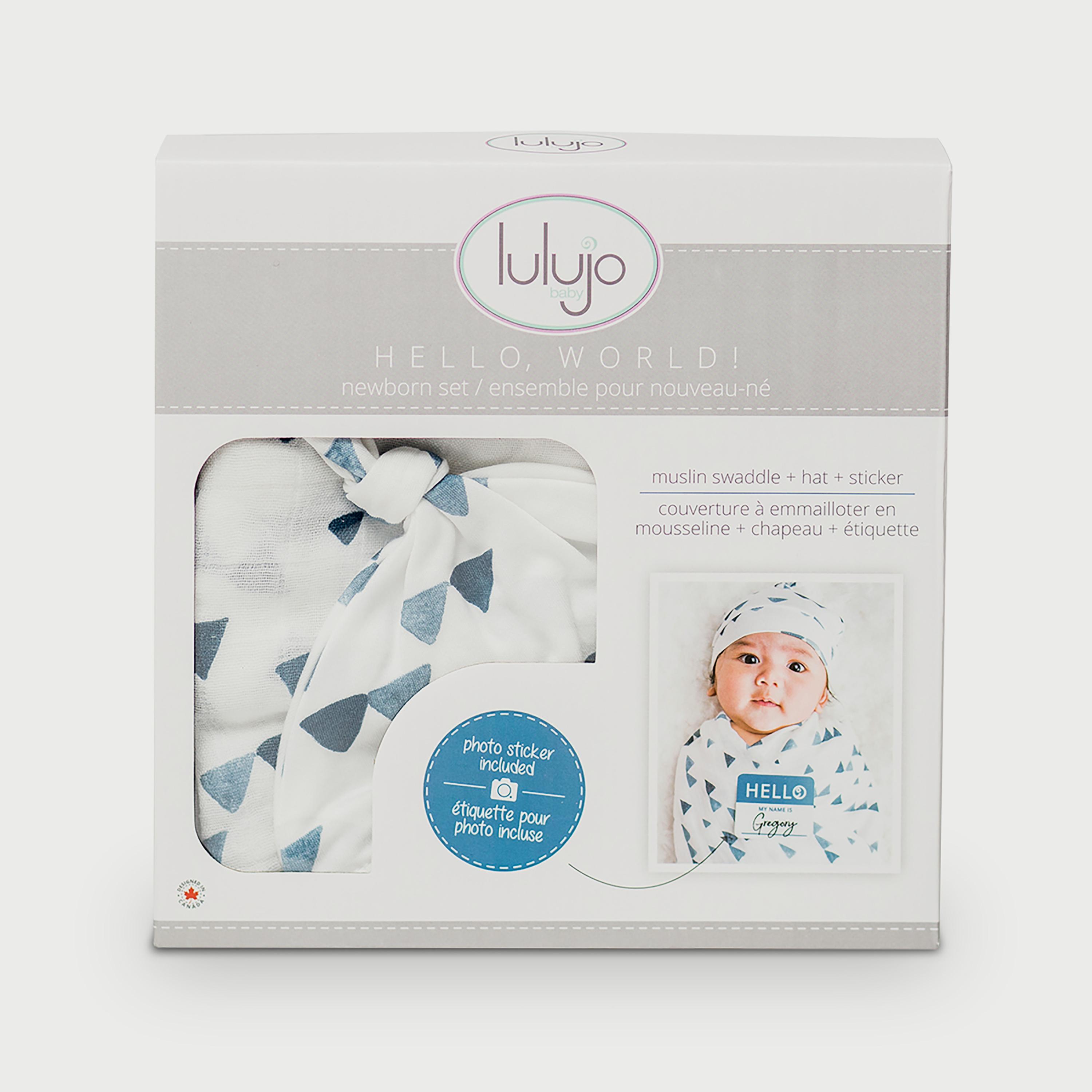Lulujo Hello World Set, Bamboo Hat + Swaddle blanket, Triangle Blue-baby-nursery-blanketsandswaddles-swaddlesandsleepingbags-image-2