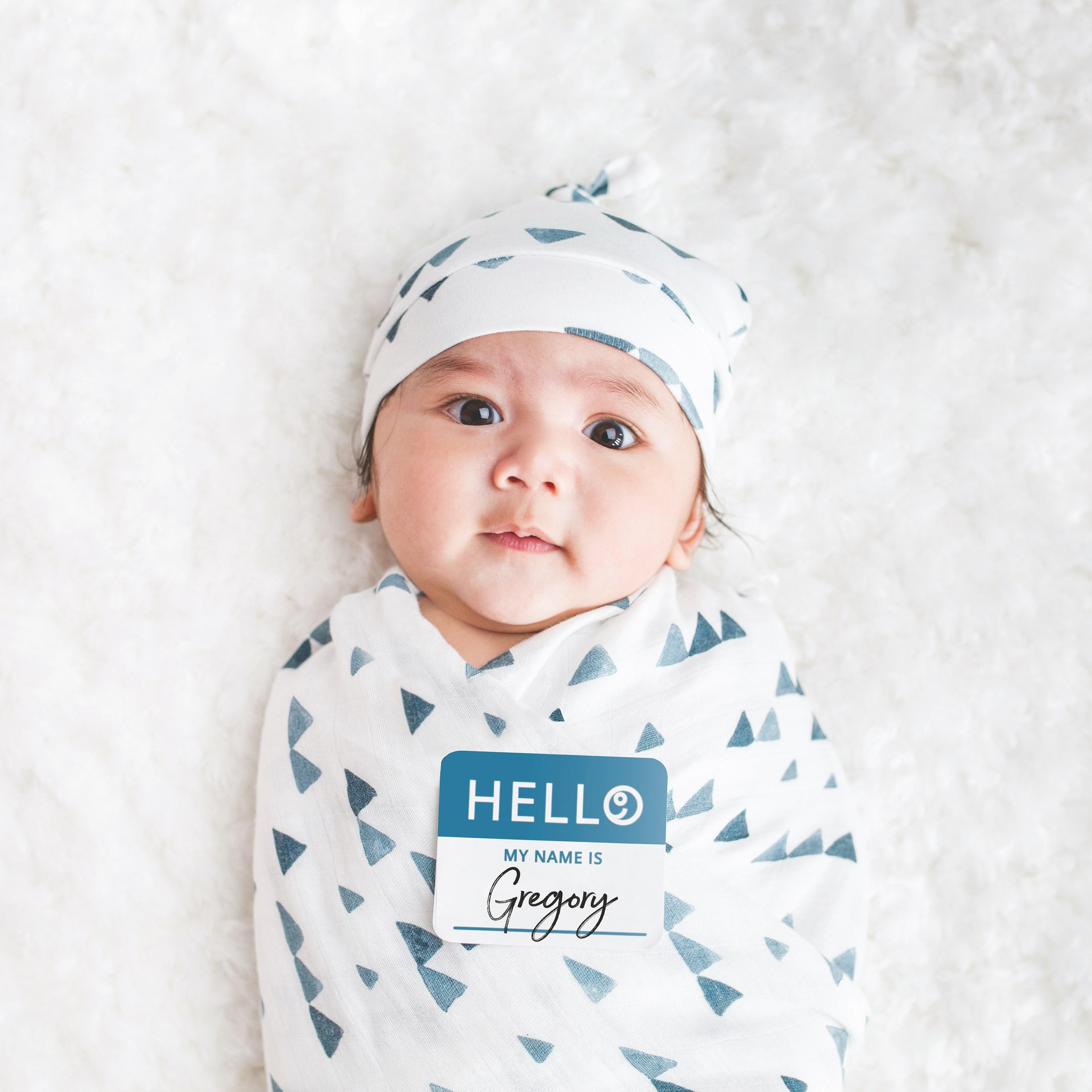 Lulujo Hello World Set, Bamboo Hat + Swaddle blanket, Triangle Blue-baby-nursery-blanketsandswaddles-swaddlesandsleepingbags-image-3