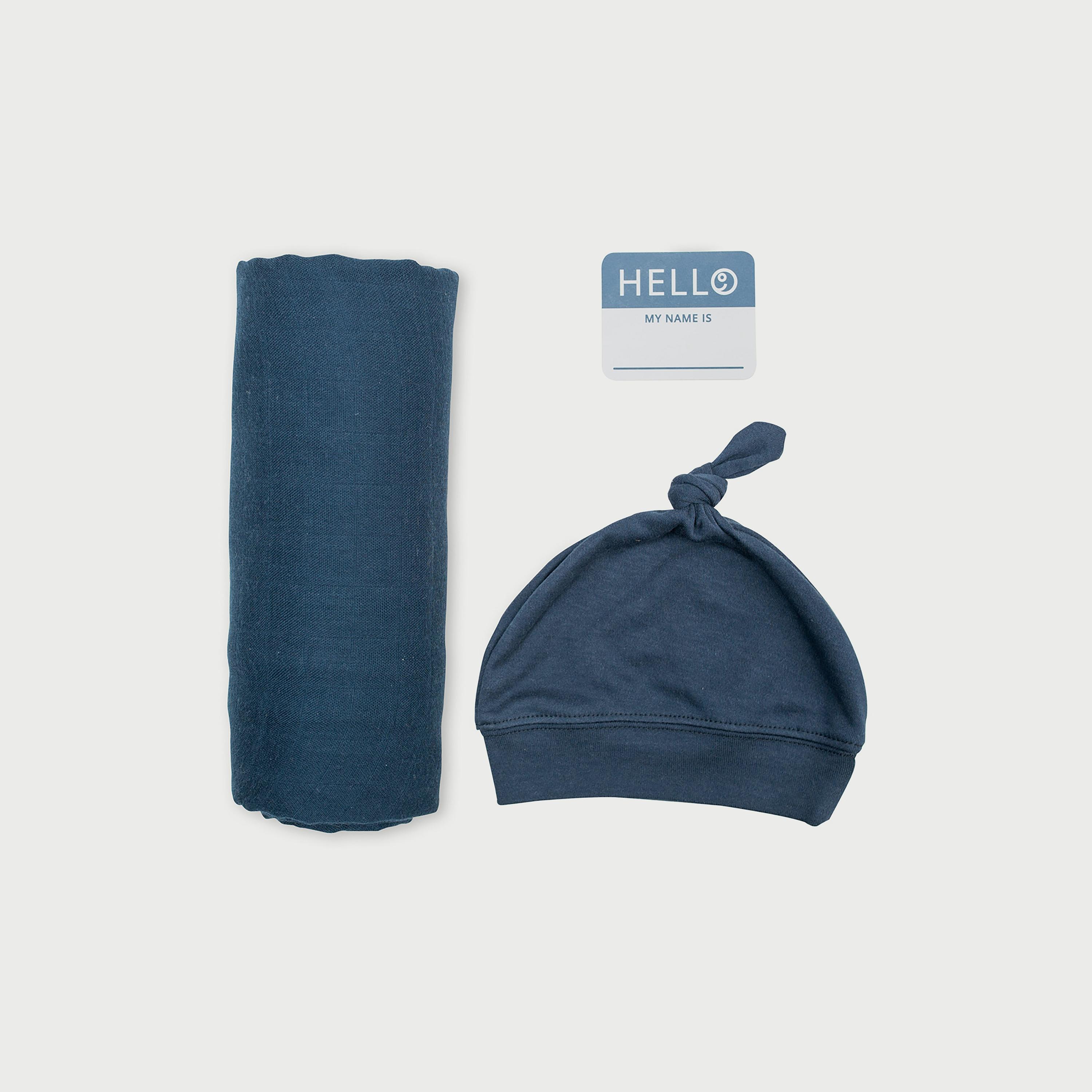 Lulujo Hello World Set, Bamboo Hat + Swaddle blanket, Navy-baby-nursery-blanketsandswaddles-swaddlesandsleepingbags-image-1
